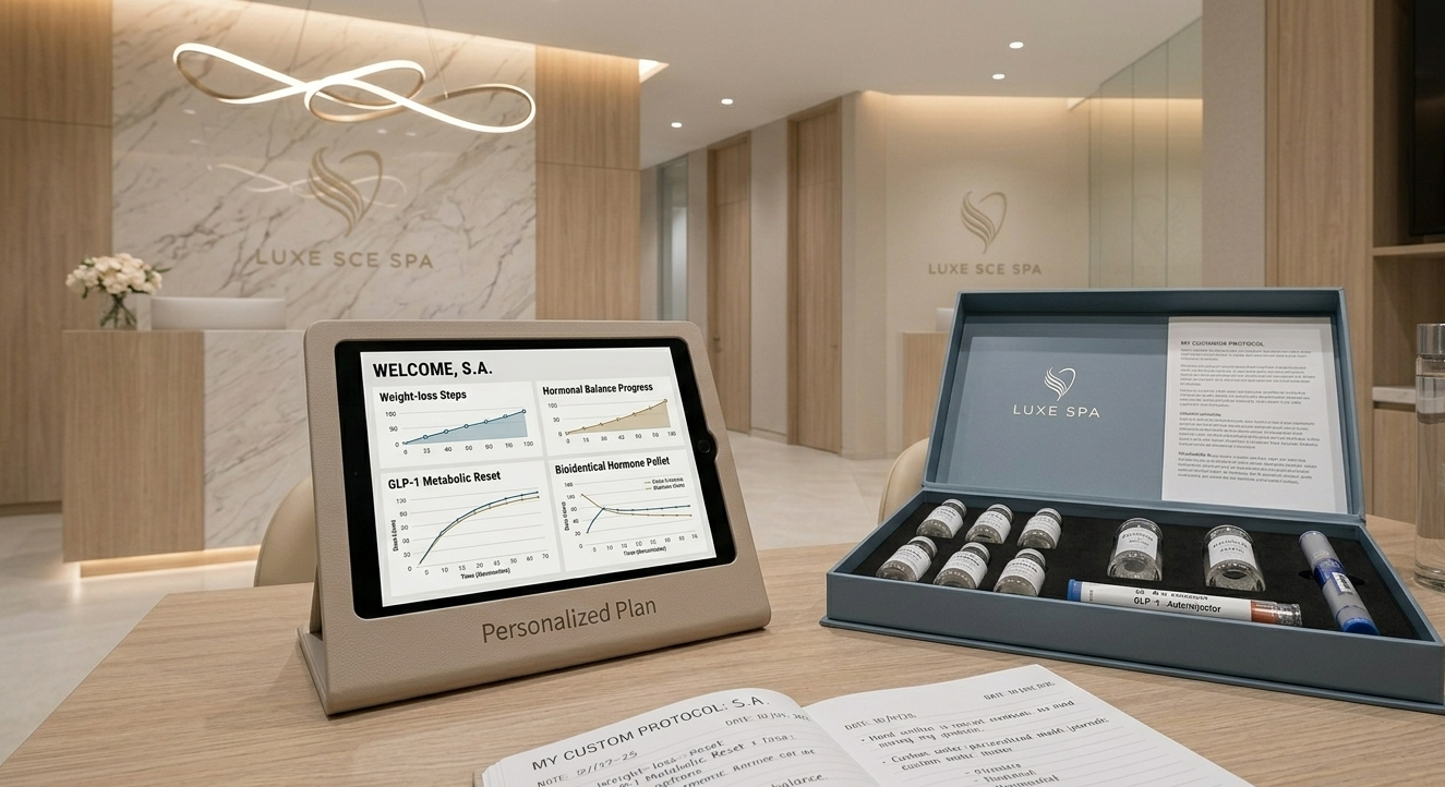 Interior of a spa reception area with a tablet displaying health data, a box of vials labeled Luxe Spa, and a notebook with written notes on a wooden table.