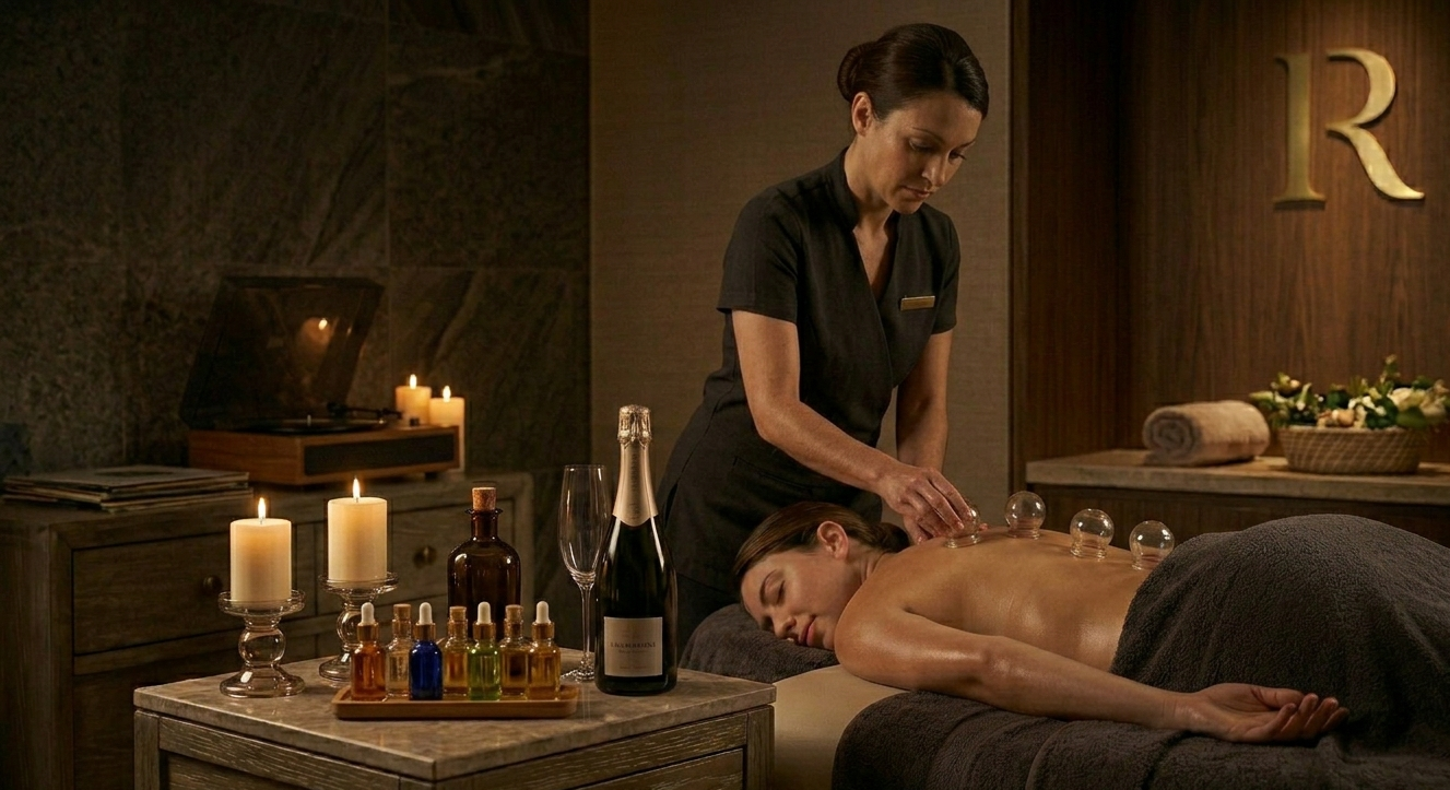 Woman receiving a massage with hot stones in a spa treatment room. The massage therapist is placing a hot stone on the woman's back. The room has candles, small bottles of massage oil, and a bottle of champagne on a table.