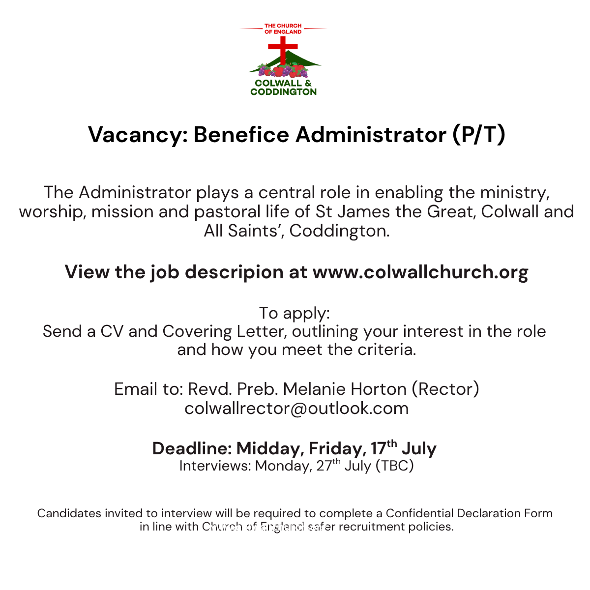 Job Vacancy: Benefice Administrator