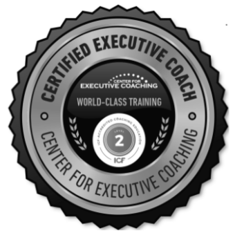 Seal with text for Certified Executive Coach from the Center for Executive Coaching, featuring World-Class Training and ICF accreditation