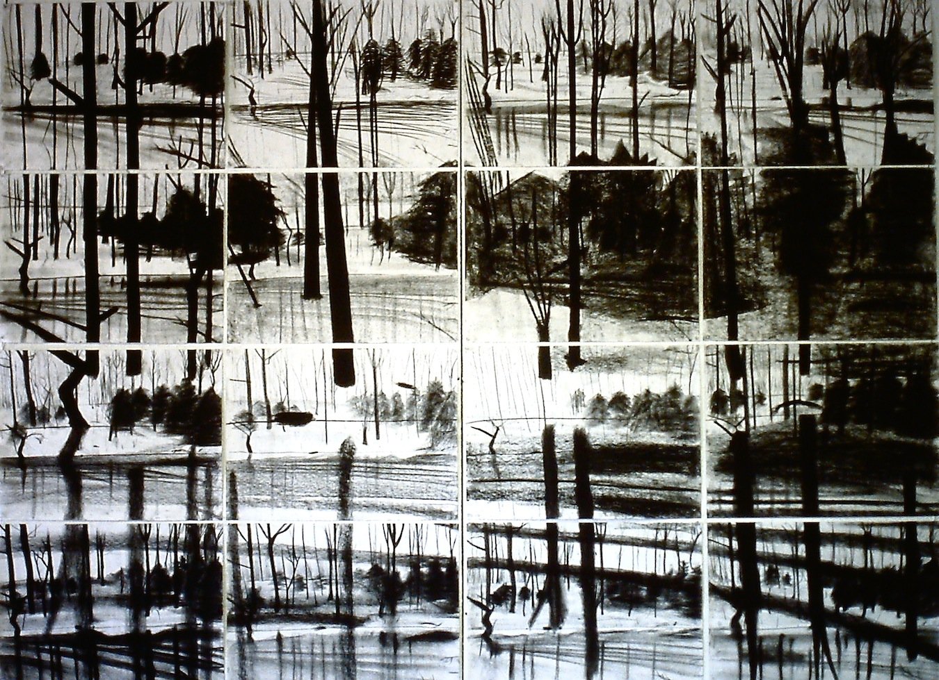 Drawing 2, OSU, Final project: Superimpose a drawing onto a series, charcoal on paper, 72"x96", c. 2009.
This series of drawings was made during the semester I fist used the format of sixteen 18x24 drawings displayed in a 4x4 grid for a final projec