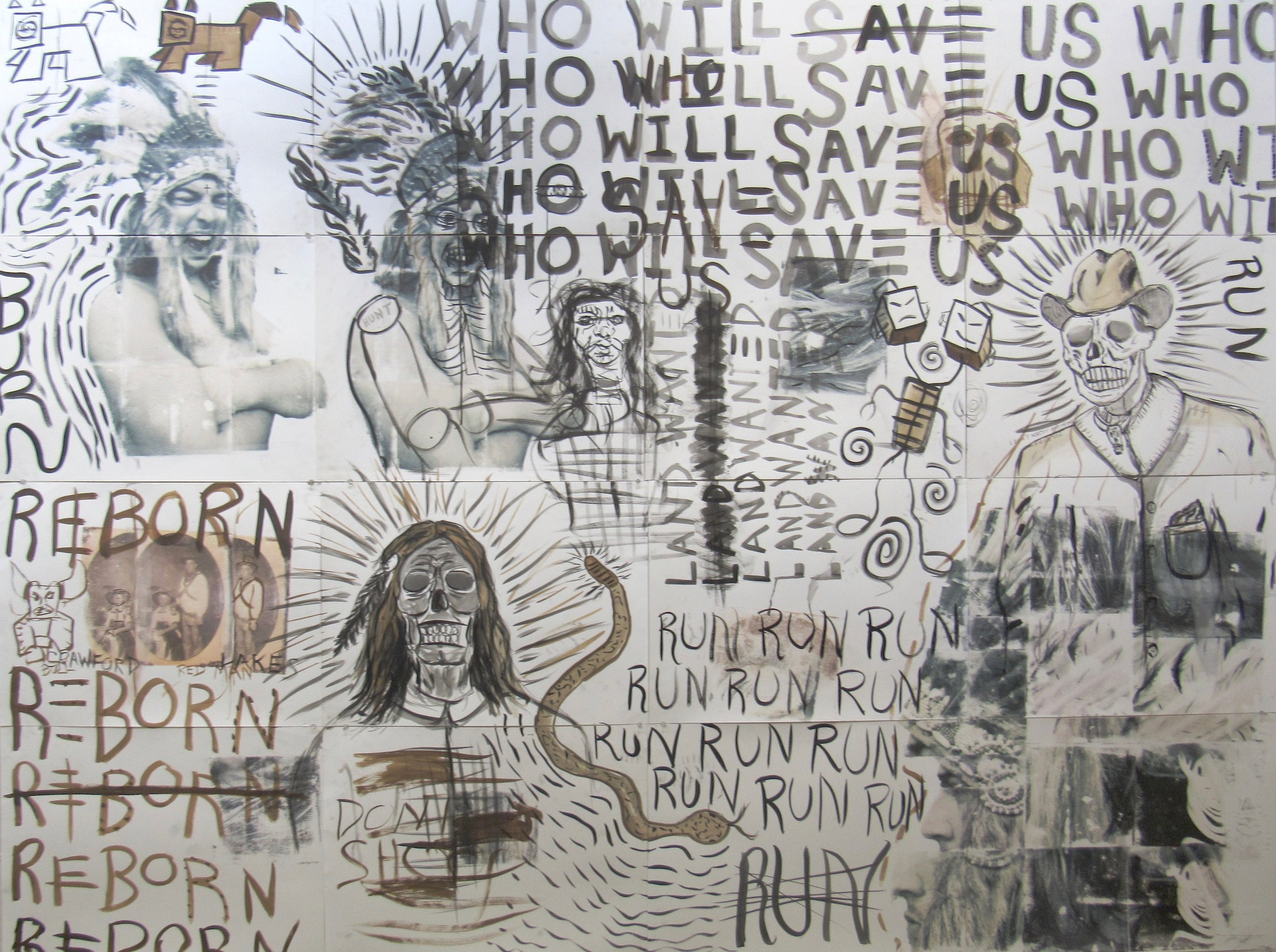 Drawing I, FSW, Christian, "Run. Run", mixed media on paper, 72"x96", 2022.
Christian was working at the Rauschenberg Gallery while taking the class. Impressed by Rauschenberg's technique of photo transfers, he researched how it was done, and applie