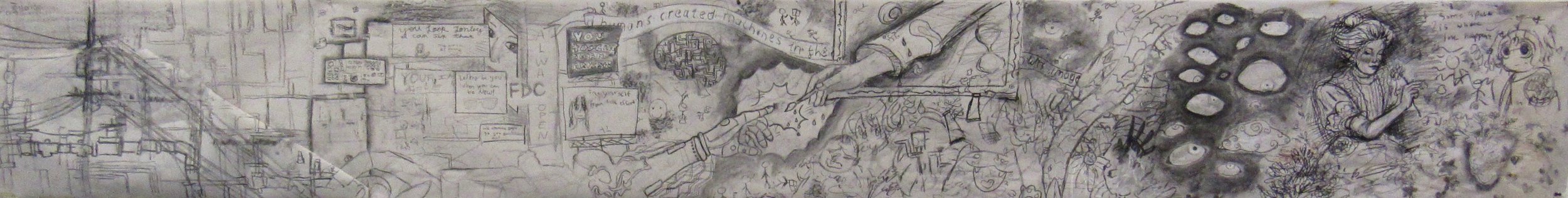 Drawing II, FSW, "01000001 01101001 (AI)", Mural design, charcoal on newsprint, 16"x144", 2023
A design for a mural, the theme was initially called “AI Reversed,” in which AI would design prompts, that the students then would follow. During the proc