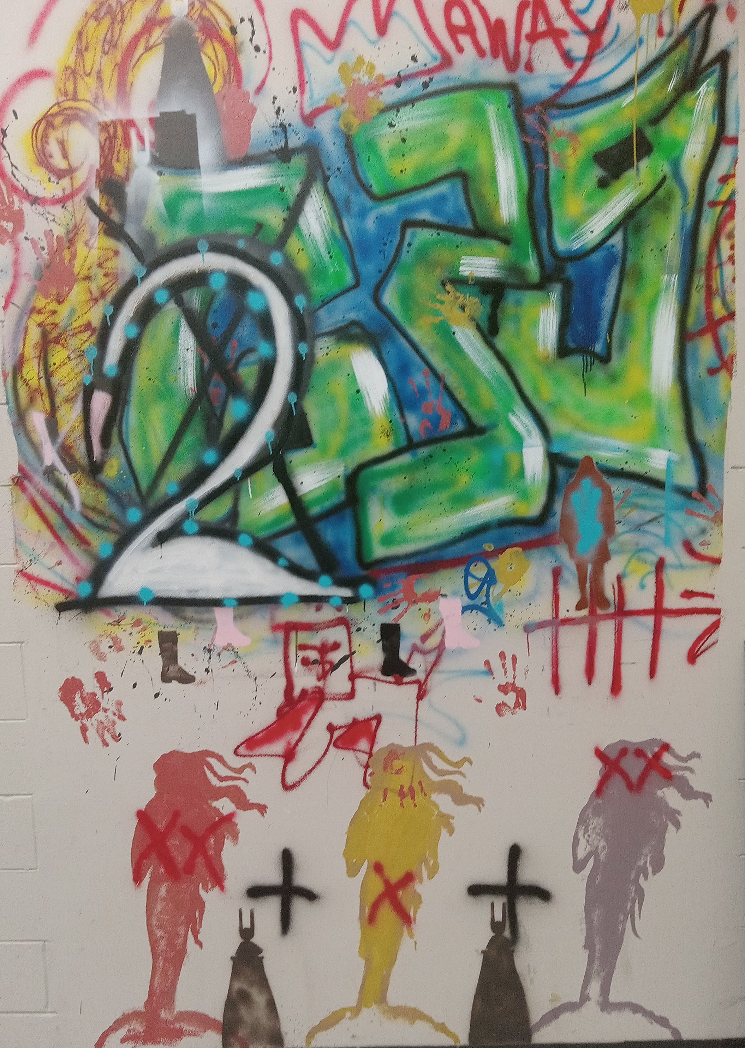 3-D Design students, FSW, "639 (239"), various paints on wall, 48"x96", 2023.
Part of the same "Florentine Banquet" installation is this collaborative work of graffiti. The “639” of the title refers to the number of a law against graffiti on city pr