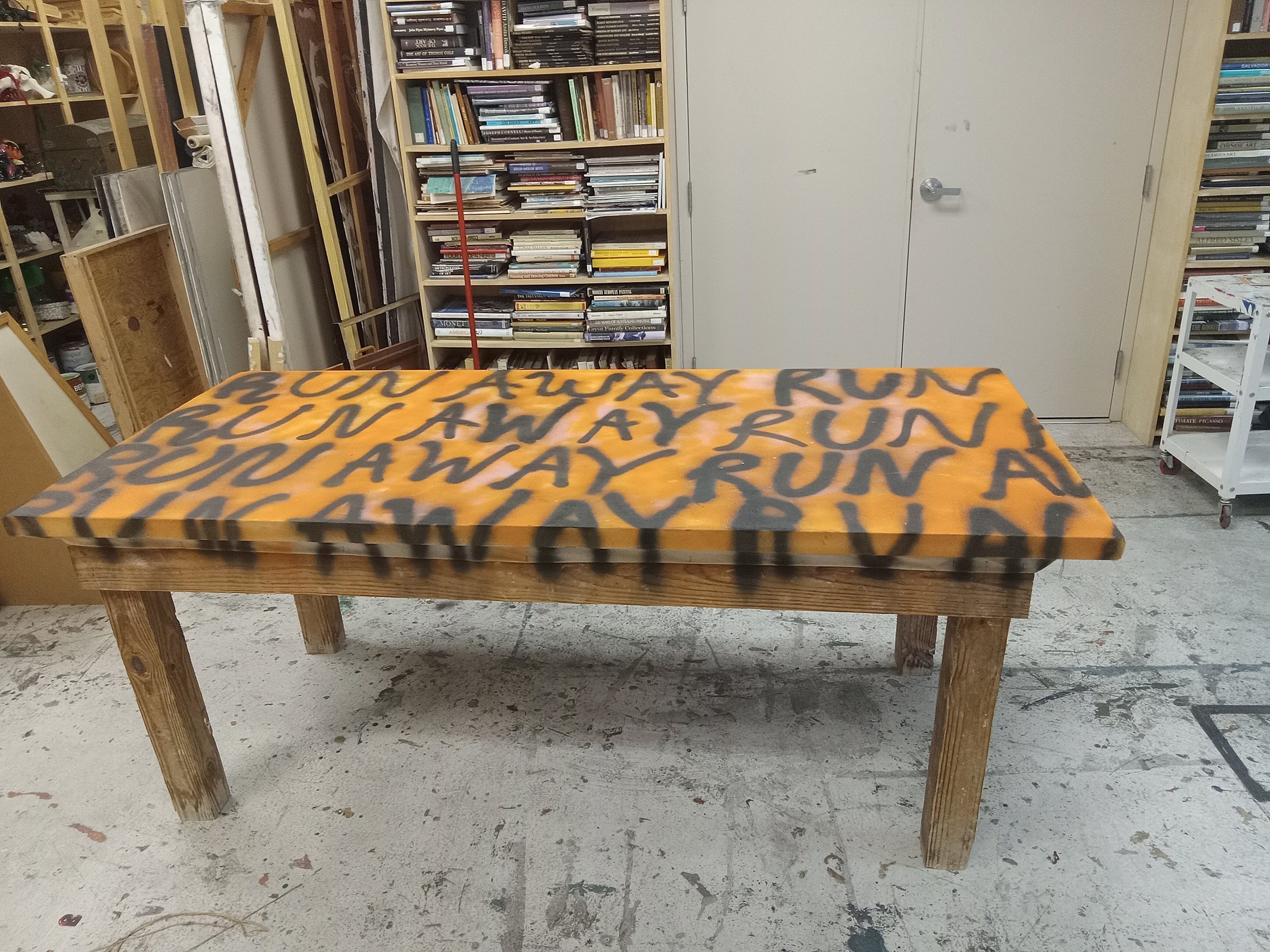 3-D Design, FSW, Christian, "Run Away", spray paint on table, 32"x72"x36", 2023.
My second class with Christian, a year after Drawing I, was 3-D Design. The class was by invitation only and centered around a two-week visit to Florence, Italy. Upon