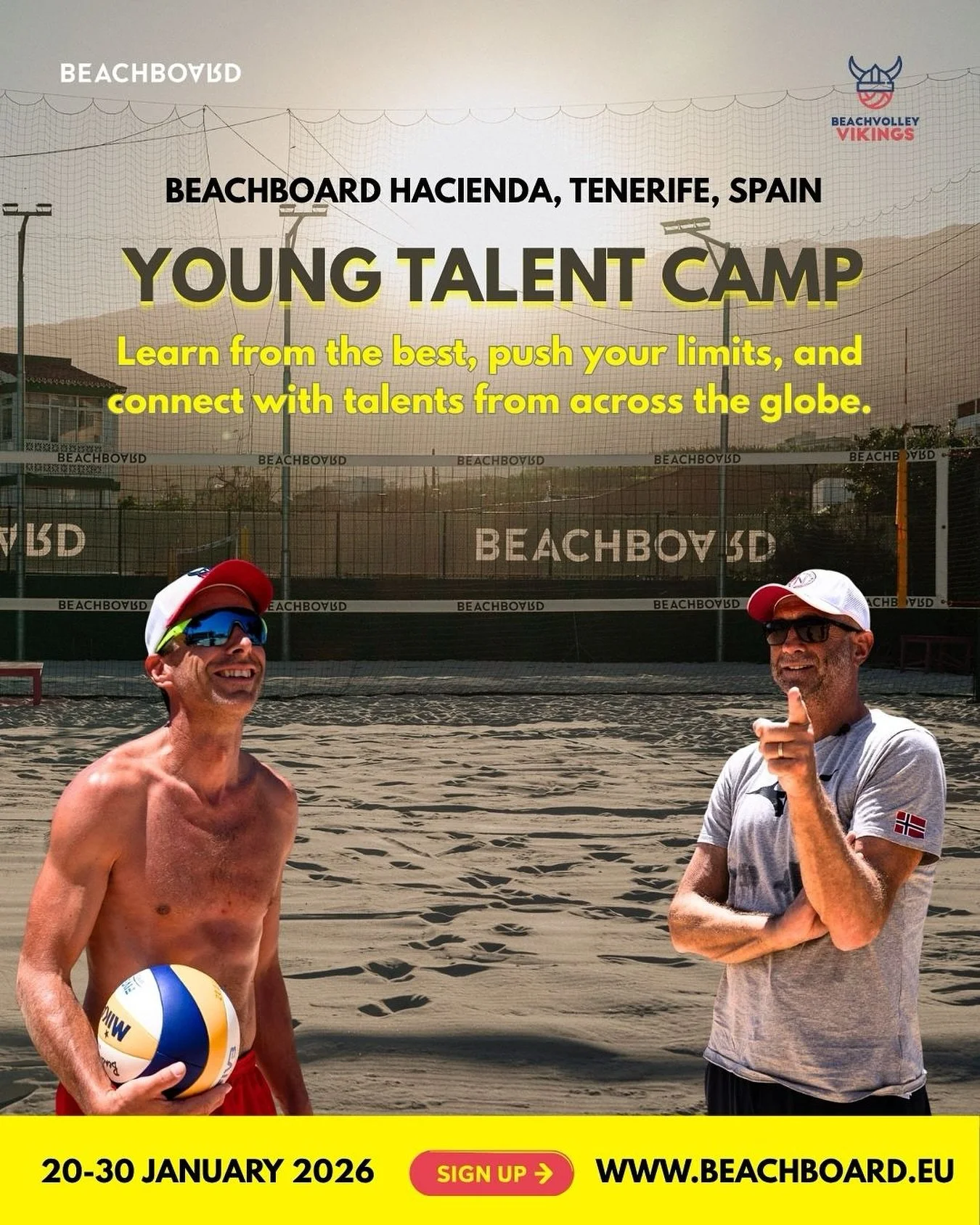 π Join the Young Talent Camp by Beachvolley Vikings!
π
 20–30 Jan 2026 · Tenerife
β³ Stay 5 nights or more – flexible dates
Train with legendary coaches Kåre Mol & Jetmund Berntsen, and the Young Vikings themselves π₯
?