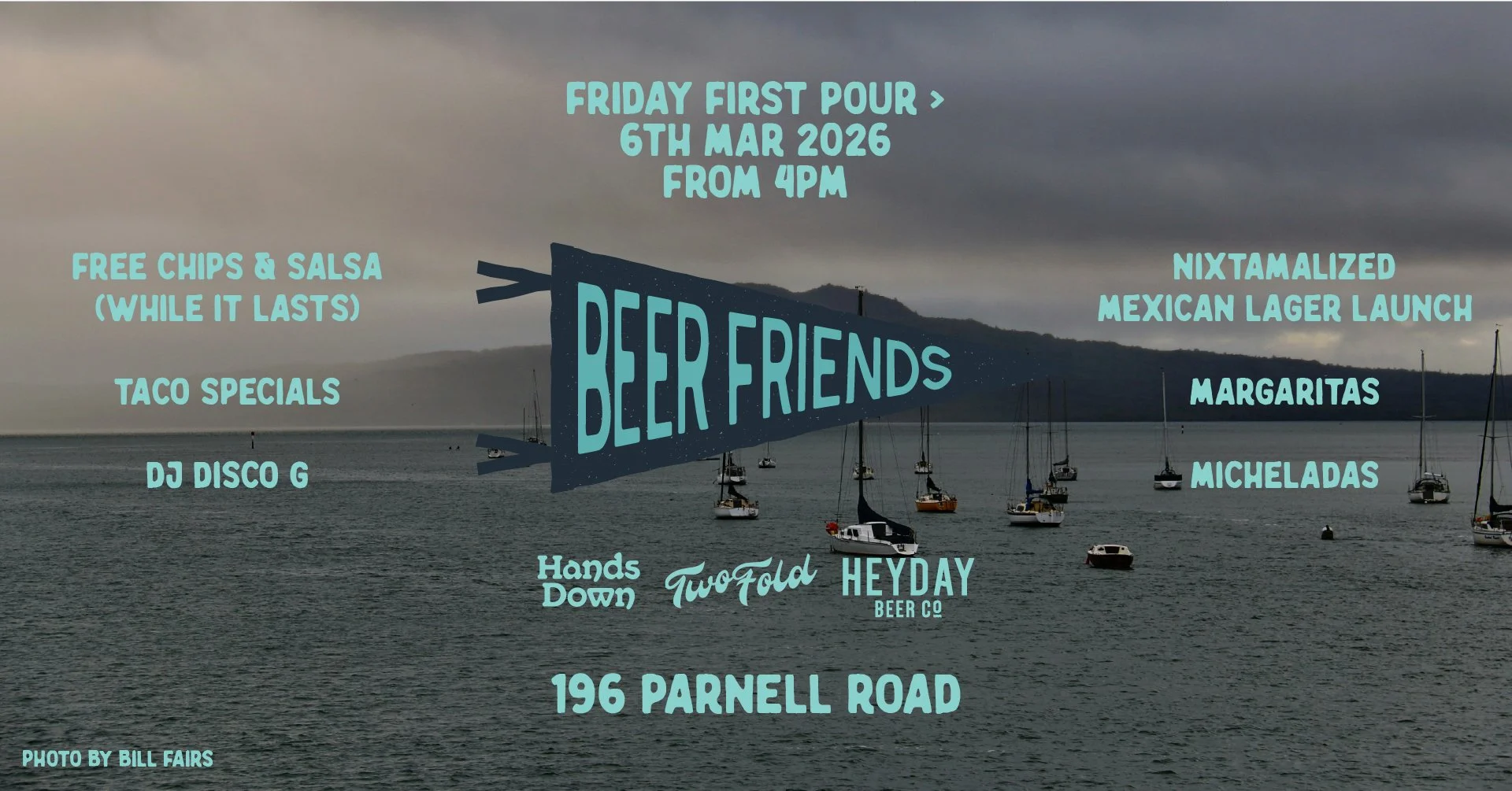 Beer Friends Pennant Flag over Rangitoto on a cloudy day