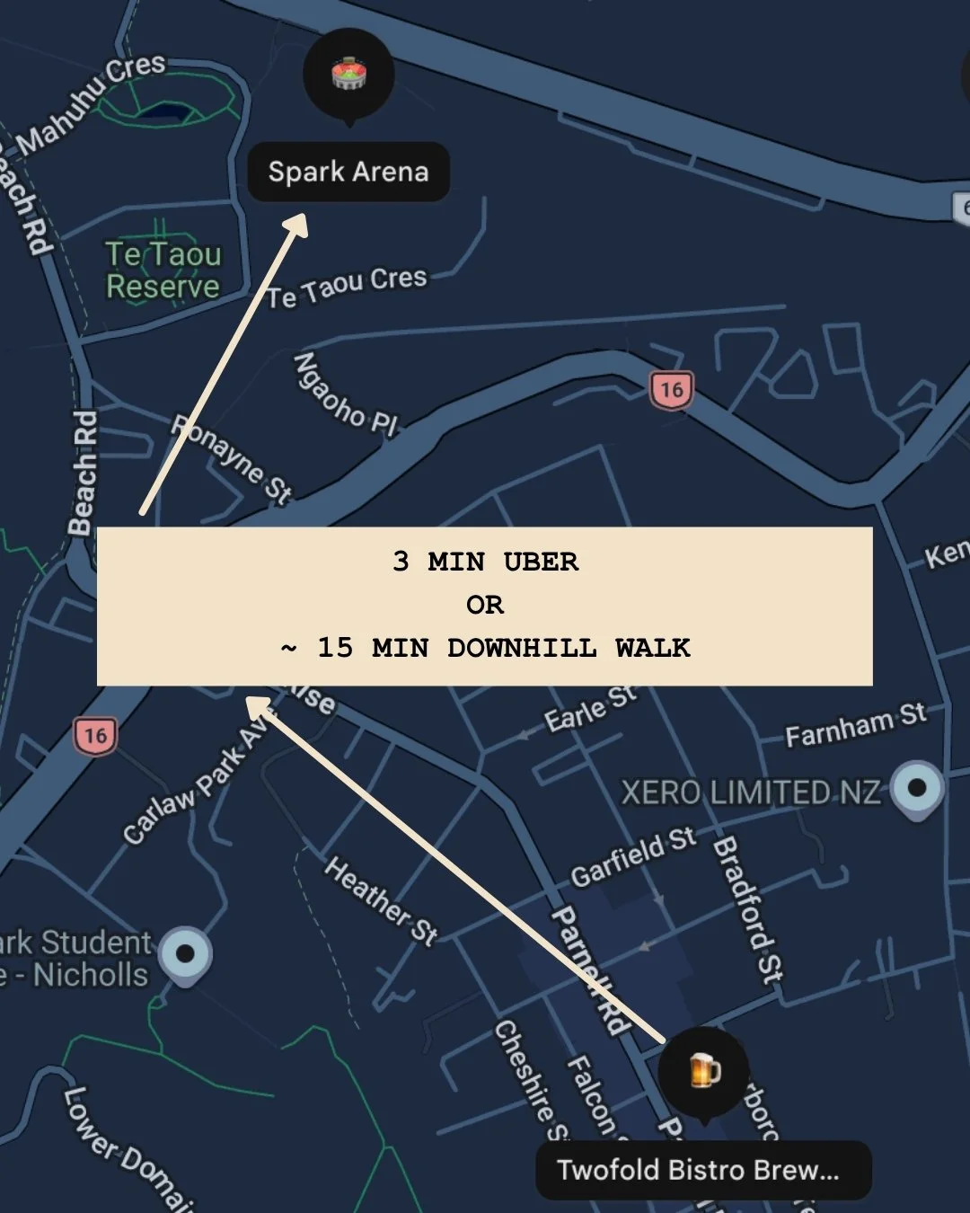 Map showing the walk from Twofold to Spark Arena