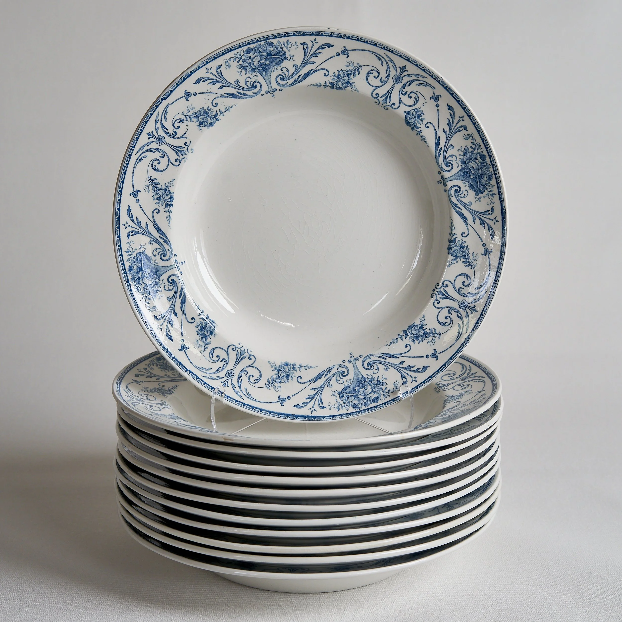 19th c. Belgian Transferware Soup Bowls, Set of 12