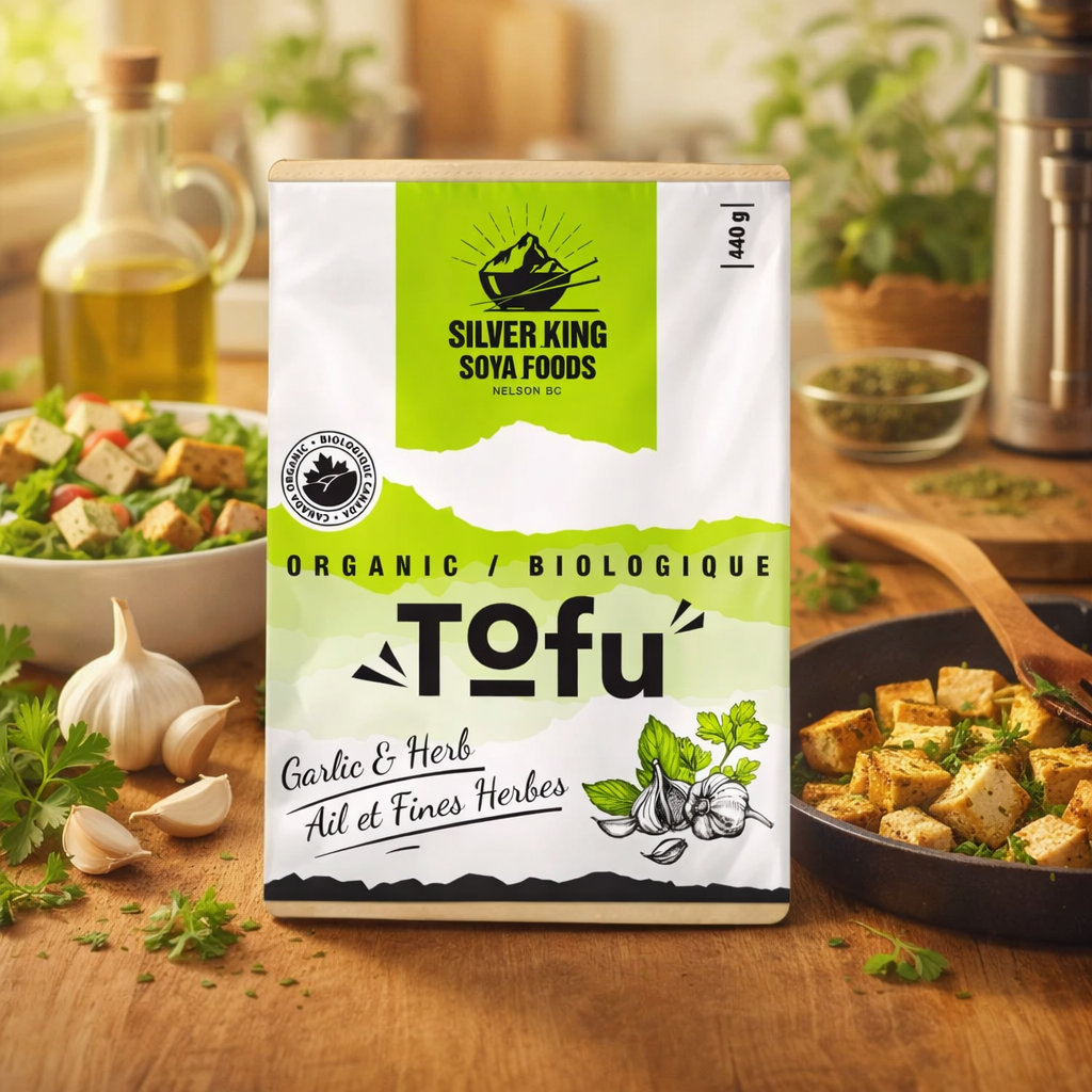 Our tofu infused with a savoury blend of herbs and garlic.
Great sliced into salads, wraps, or pan-fried for extra flavour.