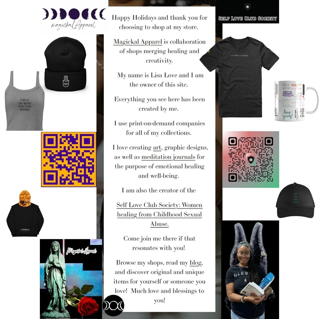 Happy Holidays and thank you for choosing to shop at my store. 🩷🫂🌌

Magickal Apparel @magickalapparel is collaboration of shops merging healing and creativity.

 My name is Lisa Love and I am the owner of this site. 

Everything you see here has b