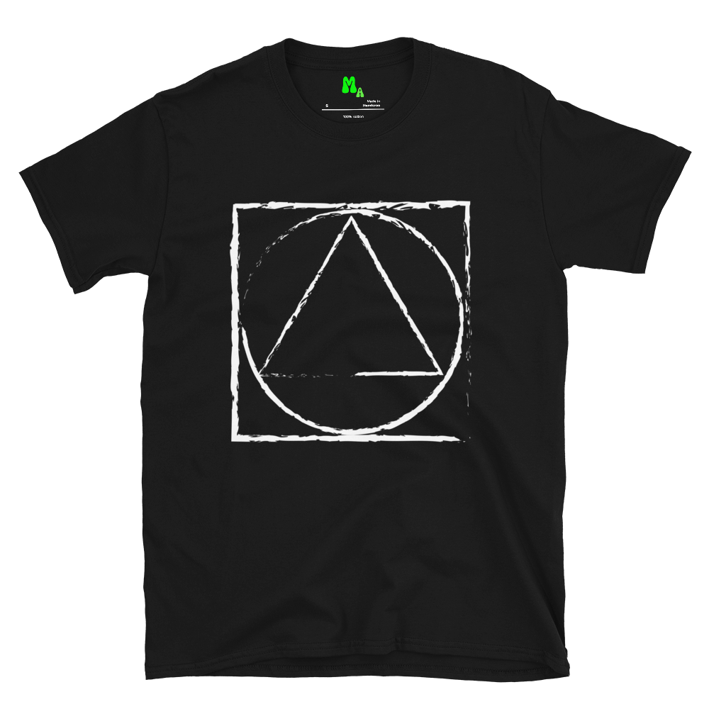 Black T-shirt with white abstract geometric design featuring a triangle inside a circle, enclosed in a square, with distressed style.