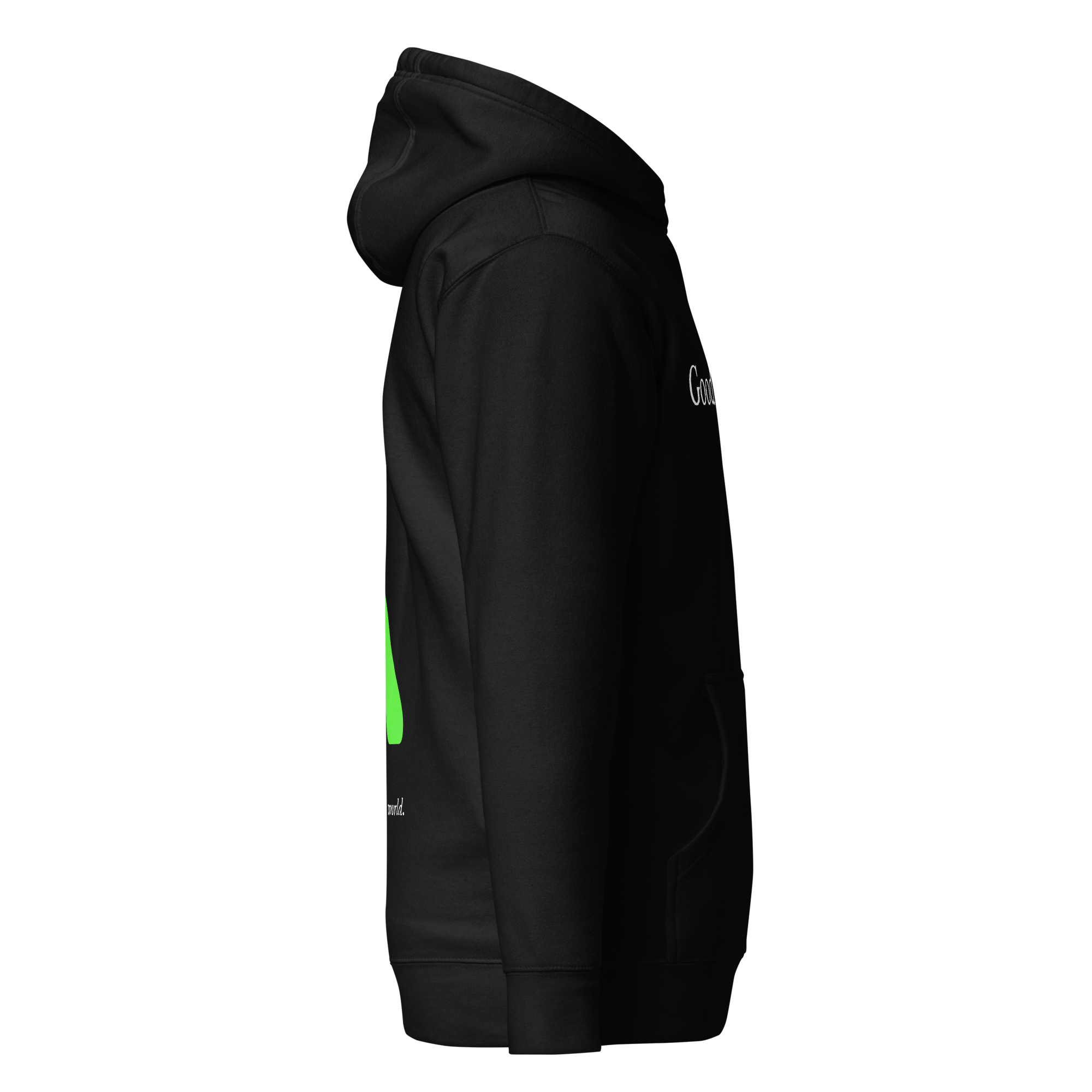 Right side view, Good Energy Hoodie by Magickal Apparel, a positive message hooded sweatshirt designed for comfort, intention, and self-expression. Made from Cotton.