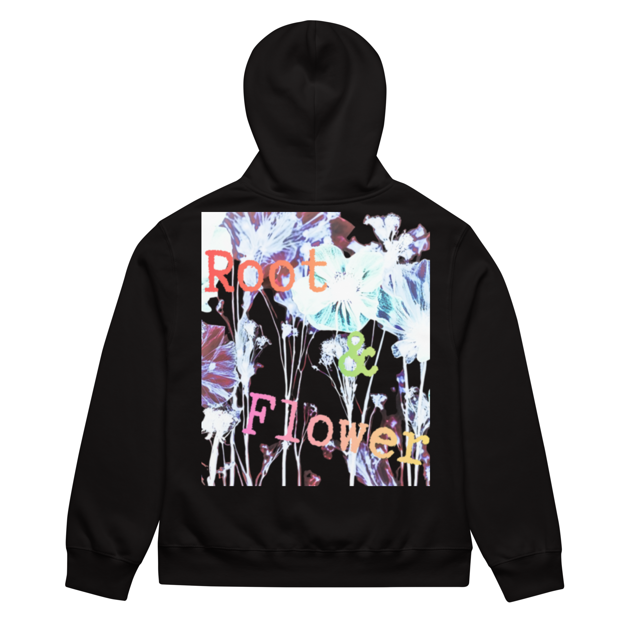 Back Close-up of Root and Flower floral artwork on an oversized fleece hoodie showcasing abstract botanical design and soft fabric texture.