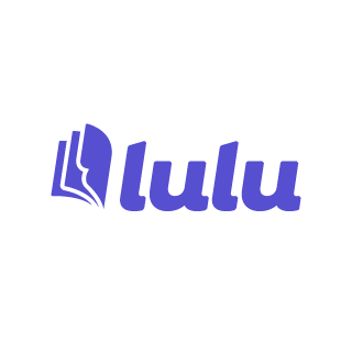 Lulu logo featuring a stylized open book and the word "lulu" in purple.