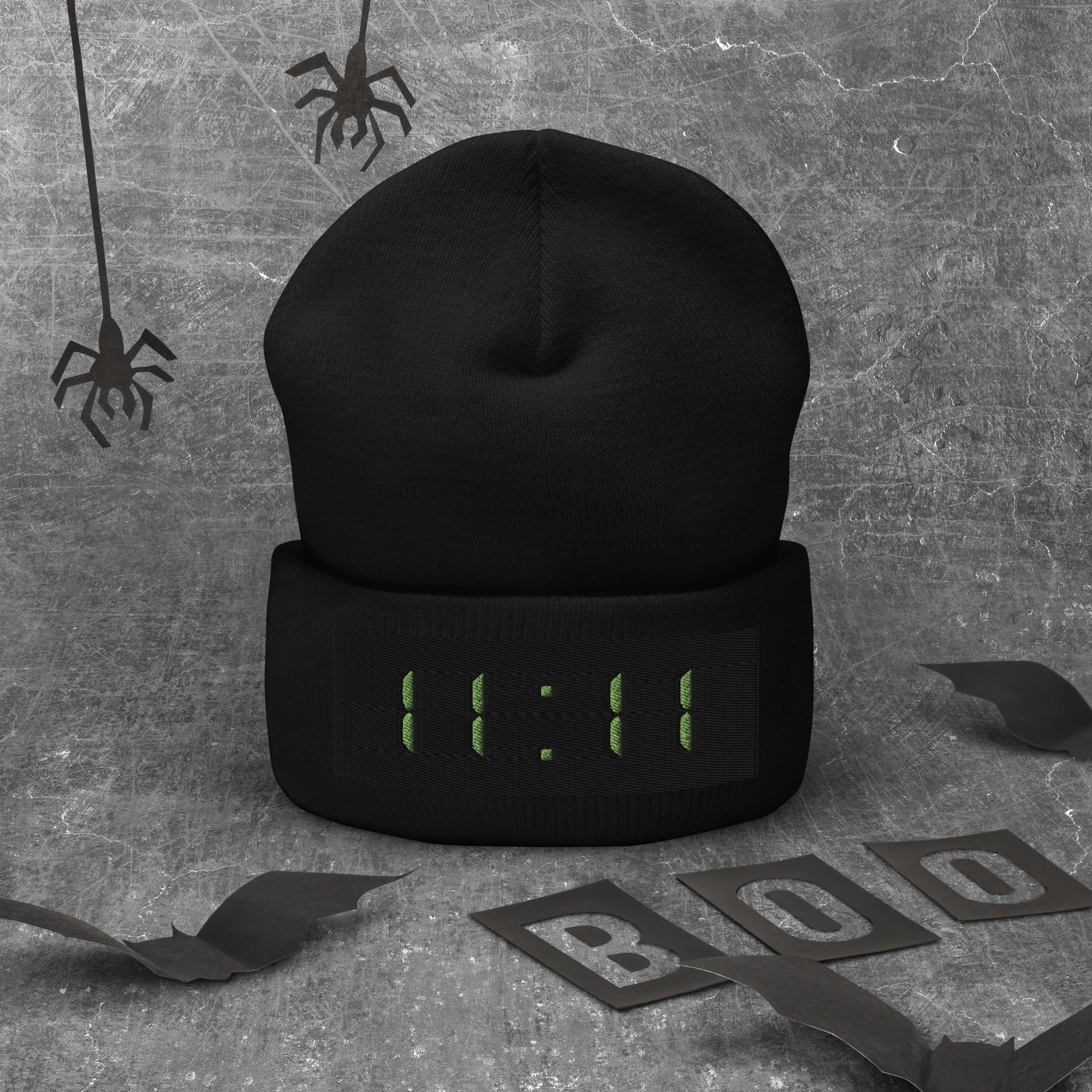 Black cuffed beanie with angel number 11:11 on the front, halloween background