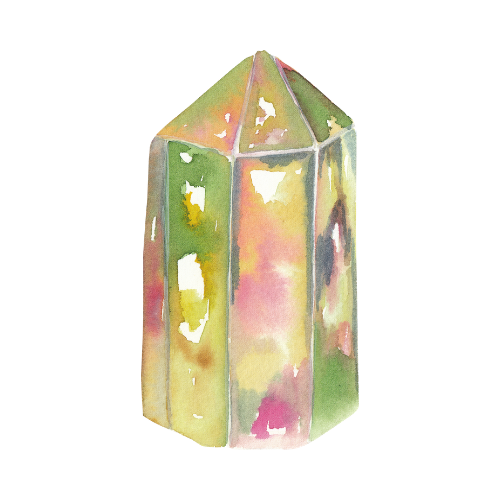Watercolor illustration of a multicolored crystal gemstone with five facets and a pointed top.