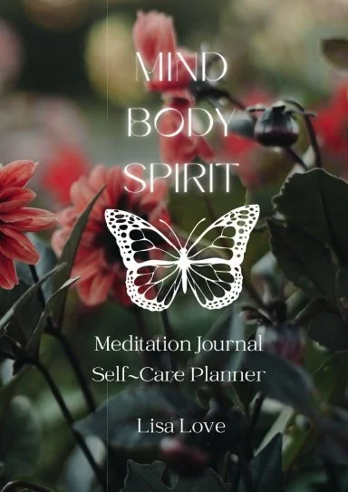 Cover of a meditation journal with the words 'Mind Body Spirit' and a butterfly illustration on a background of pink and red flowers with green leaves.