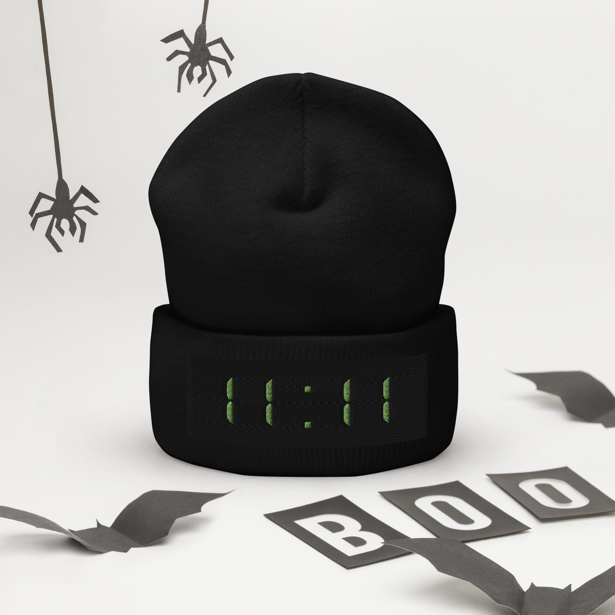black cuffed beanie with angel number 11:11 , halloween background