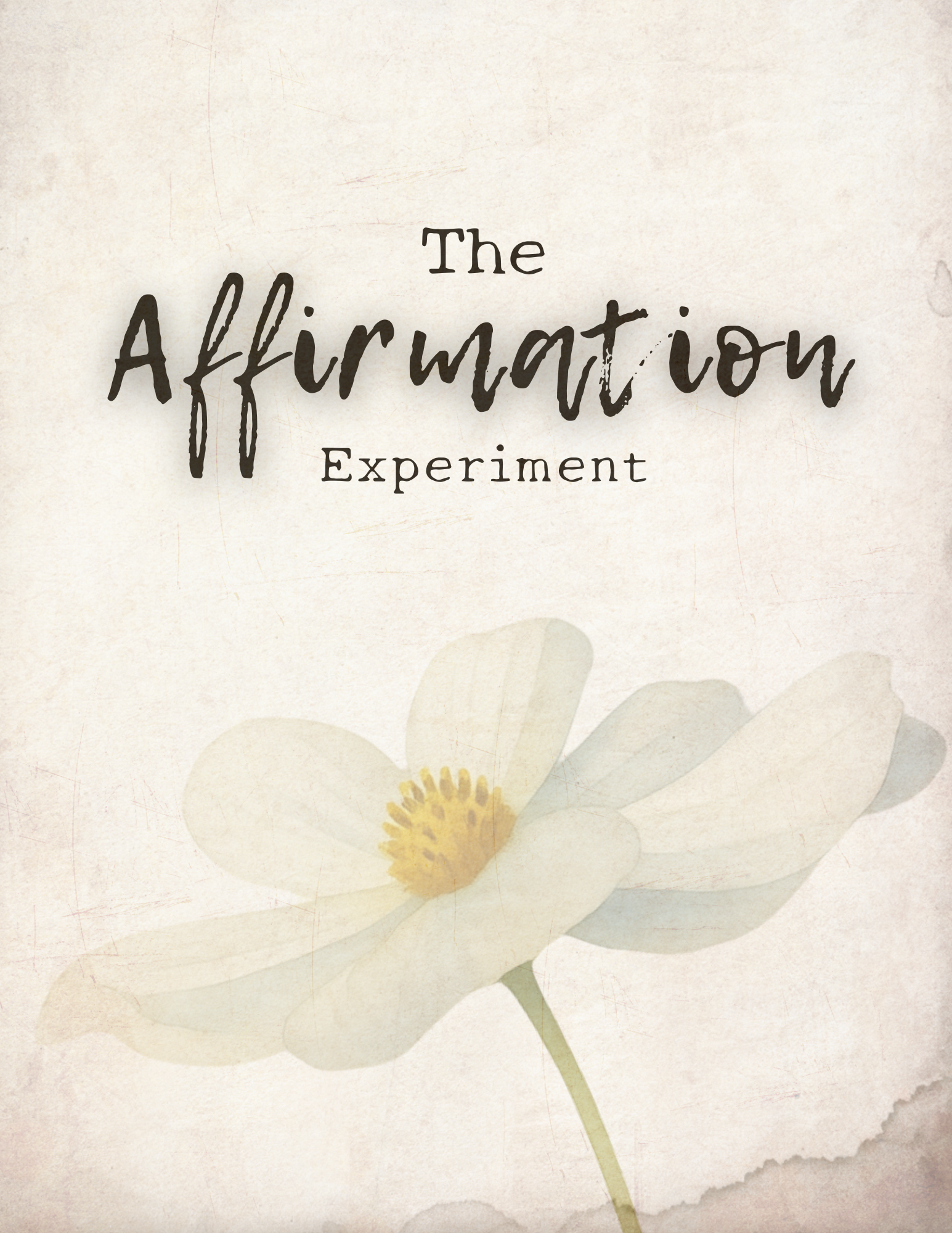 The image shows a paper with the handwritten text: "The Affirmation Experiment" on it, with a faint background of a flower illustration.
