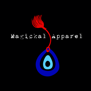 Logo for Magickal Apparel featuring a red fringe hair, text 'Magickal Apparel' with a stylized blue and black eye symbol below.