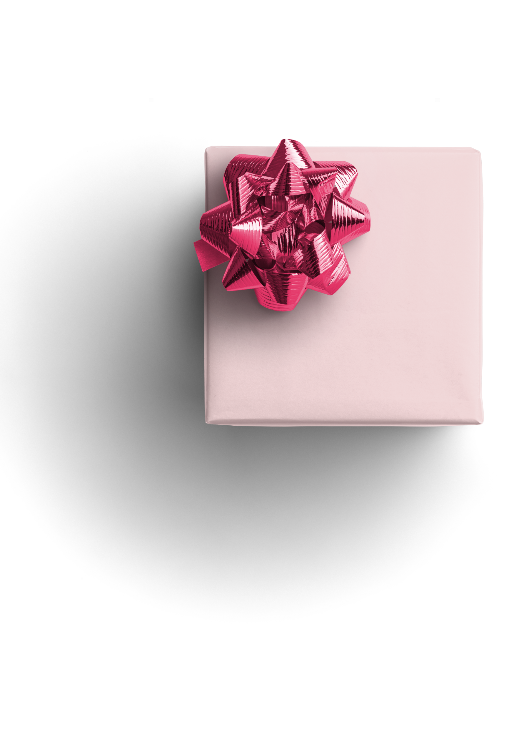 Pink-wrapped gift box with a large metallic pink bow on a black background