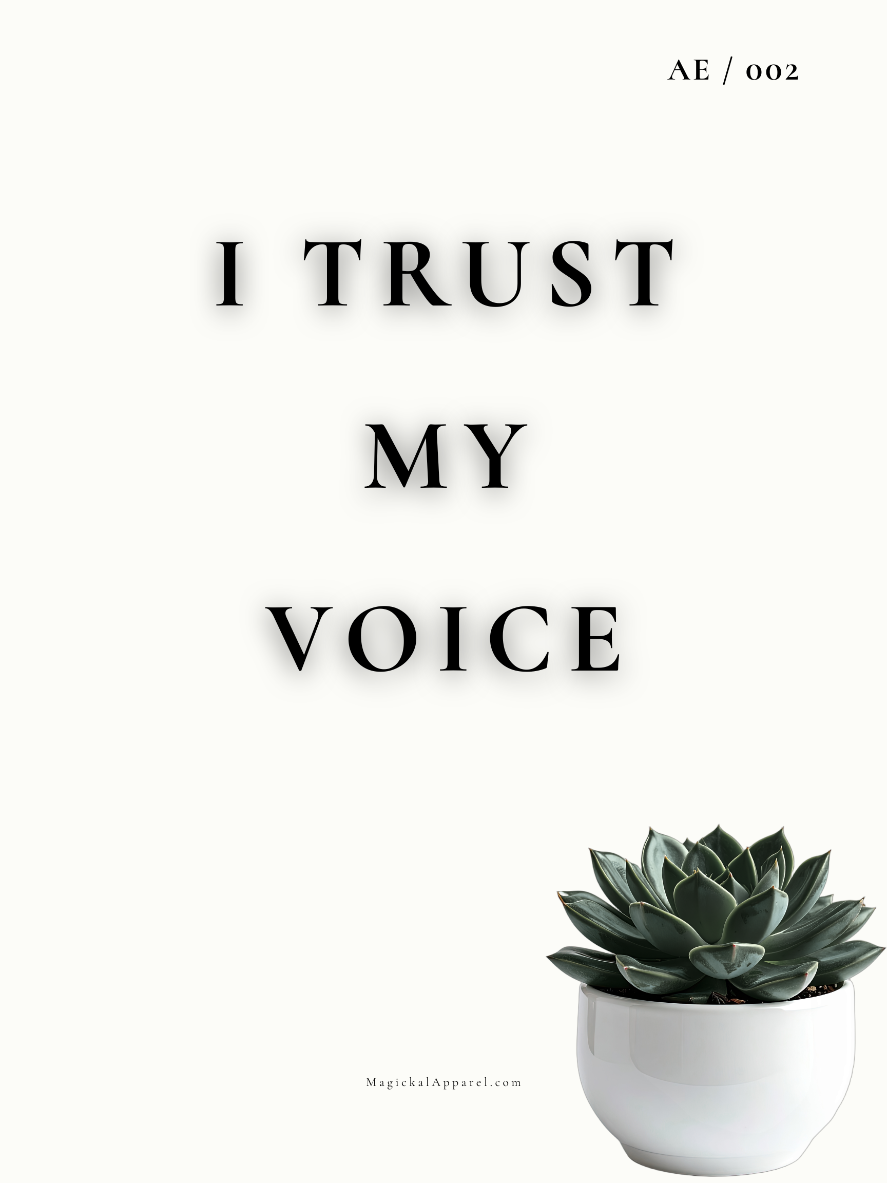 A poster with the text 'I TRUST MY VOICE' and a potted succulent plant at the bottom right corner.