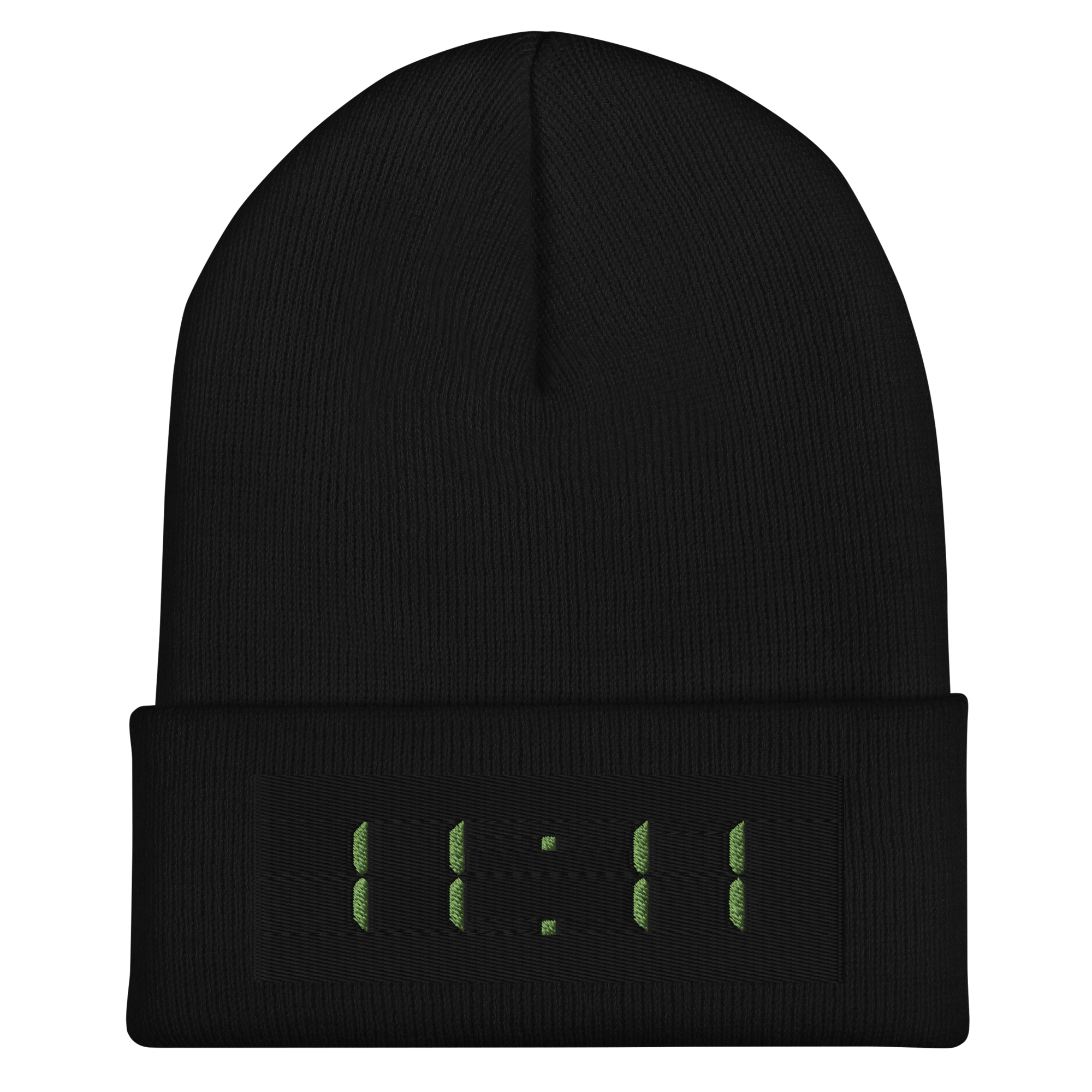 front view of black cuffed beanie with 11: 11 featured on front