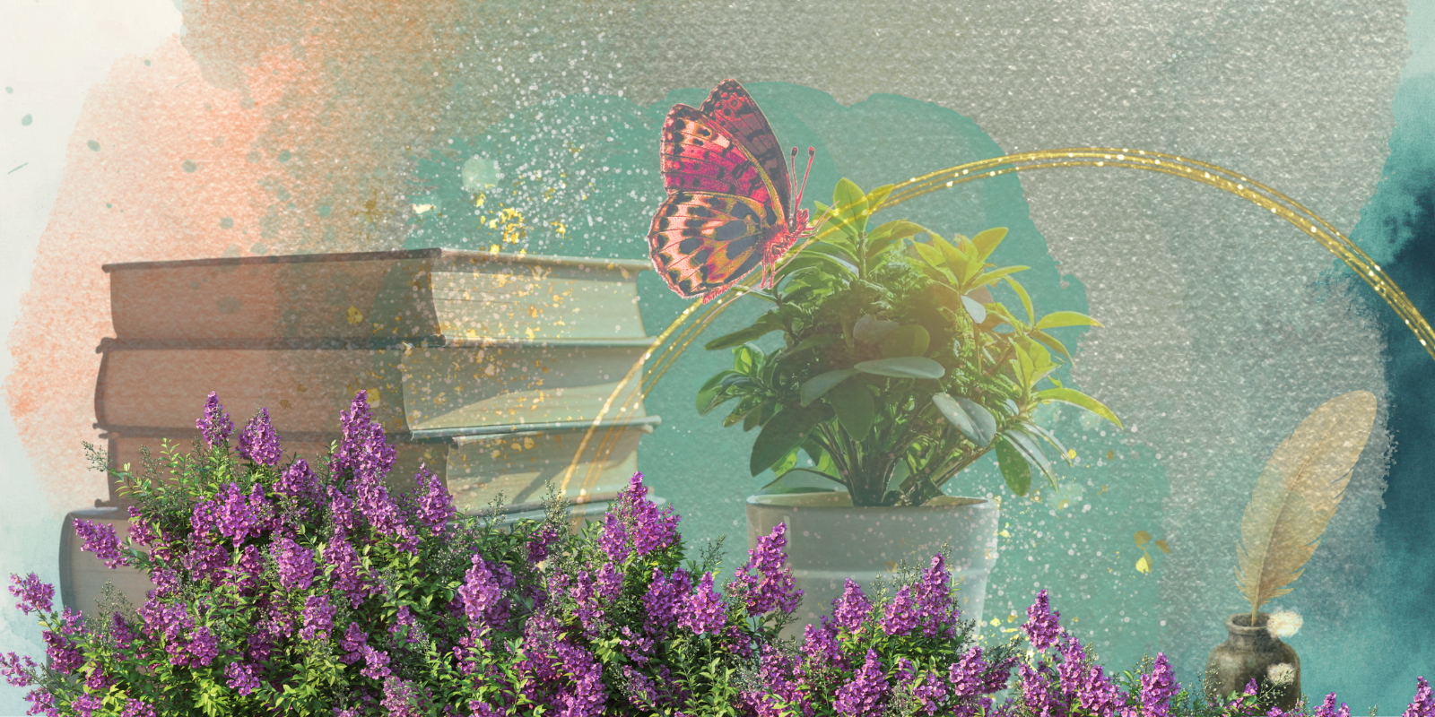 A small potted plant with green leaves and a colorful butterfly on it, purple flowers, and a stack of books in a decorative, artistic style with gold accents.