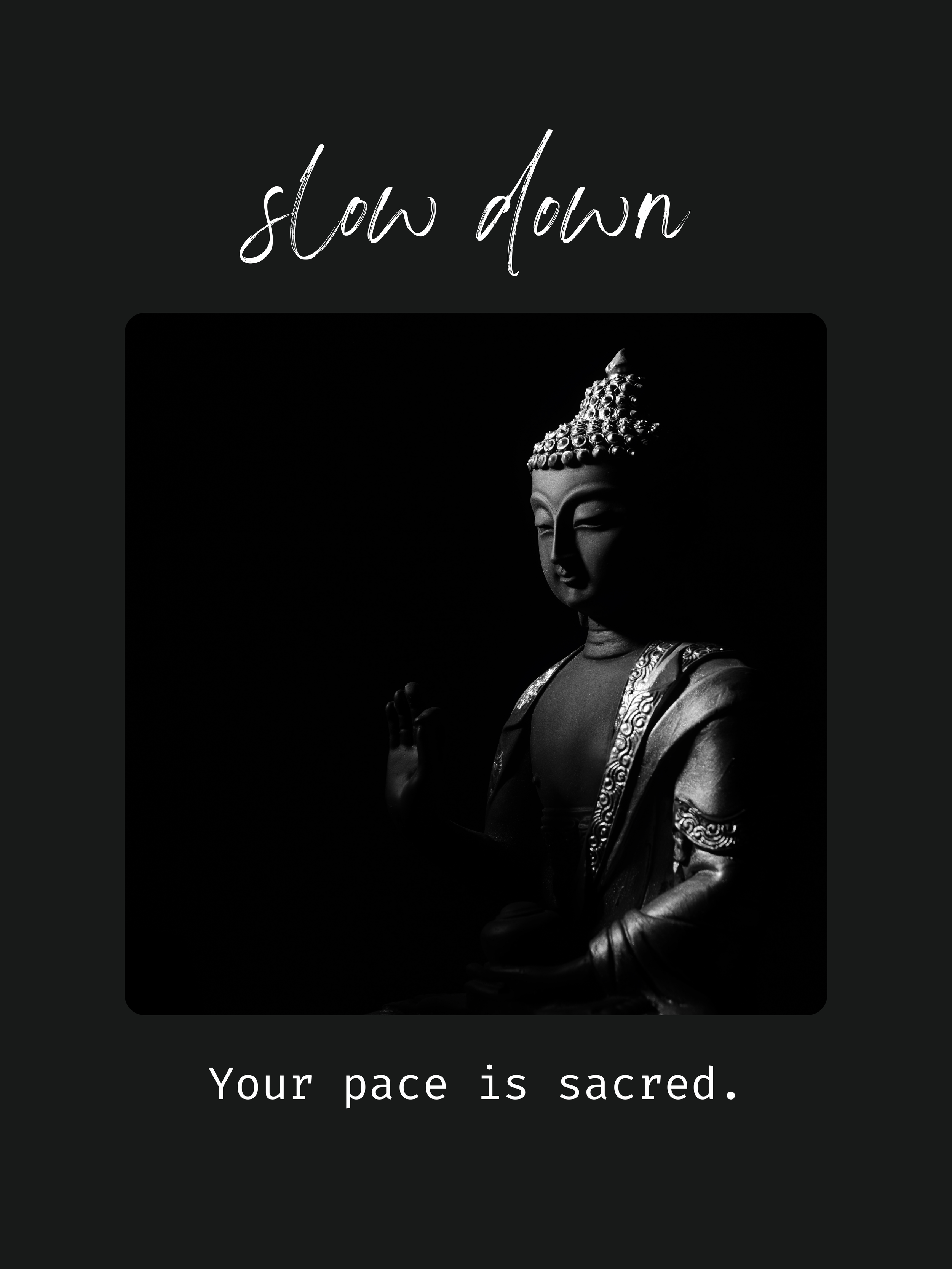 A black and white image of a seated Buddha statue with a calm expression, adorned with intricate jewelry, against a dark background.