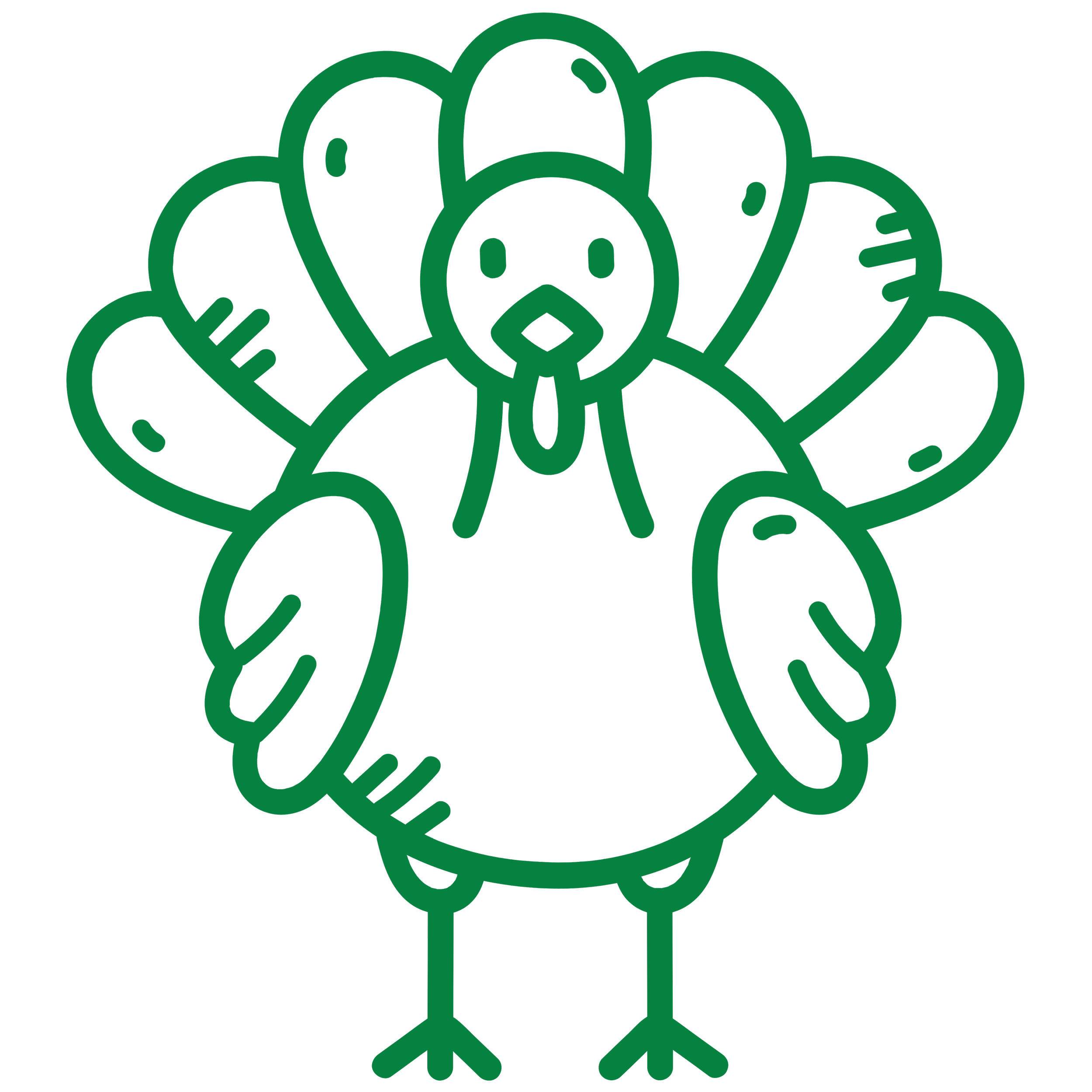 Green line drawing of a cartoon turkey with a large fan of tail feathers and a wattle.