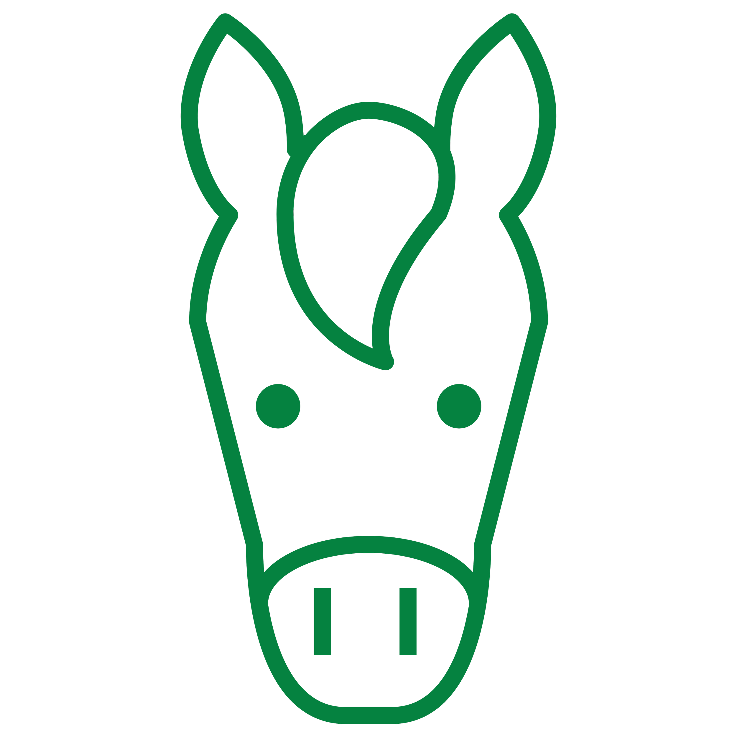 Green line drawing of a giraffe's head with horns and facial features.