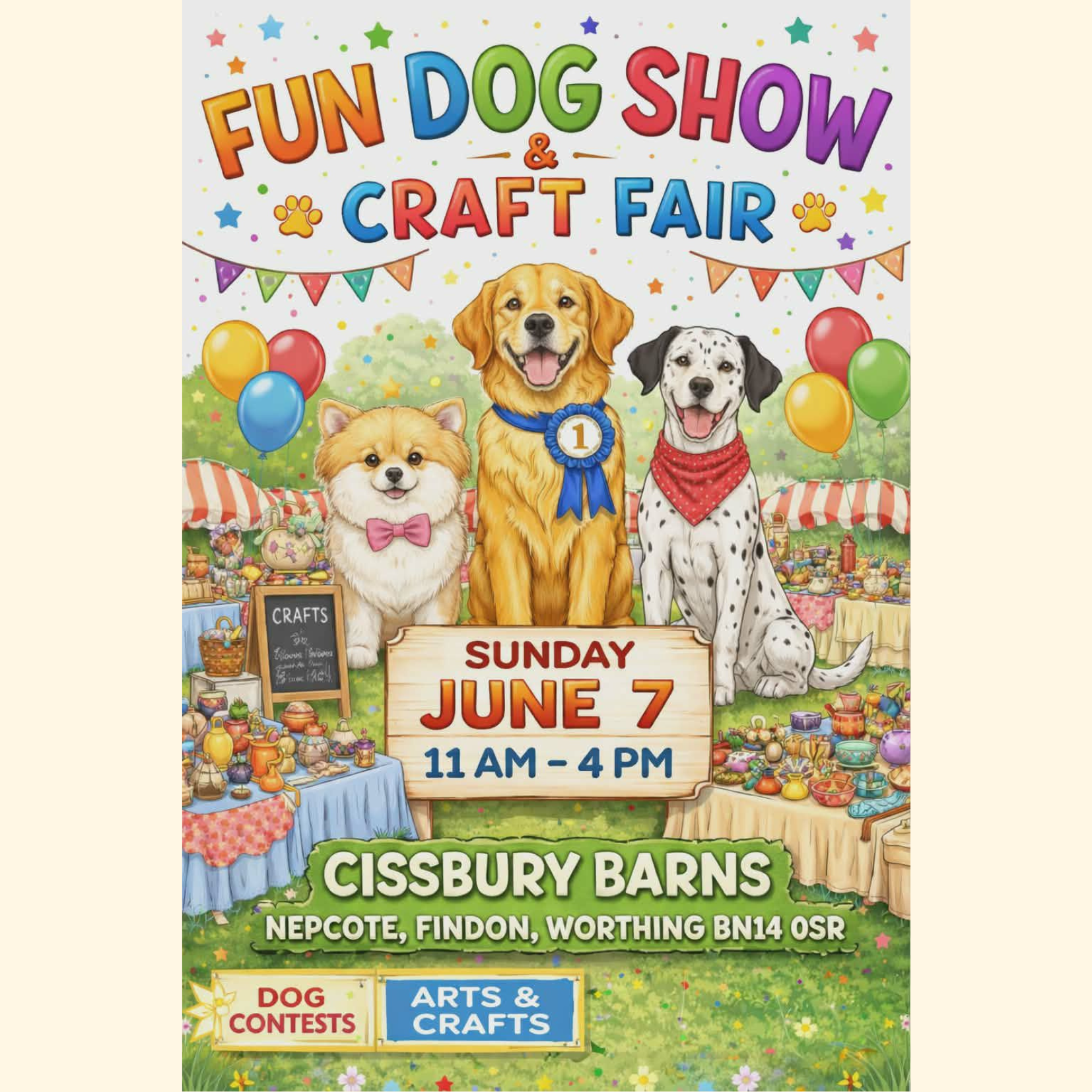 Dog Show & Craft Fair poster. 3 dogs sit in a line, one pomeranian, one golden retriever, and one dalmation. There are stalls and decorations around them. The poster is AI generated.