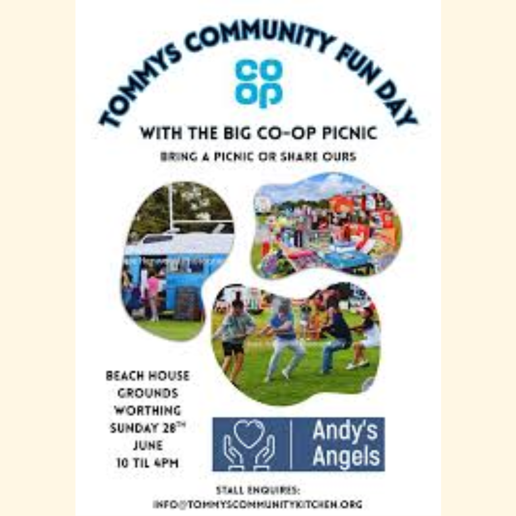 Event poster for Tommy's Community Fun Day.  One photo is an image of a group of people playing tug of war. One photo is of an ice cream van, and one photo is of lots of stalls.