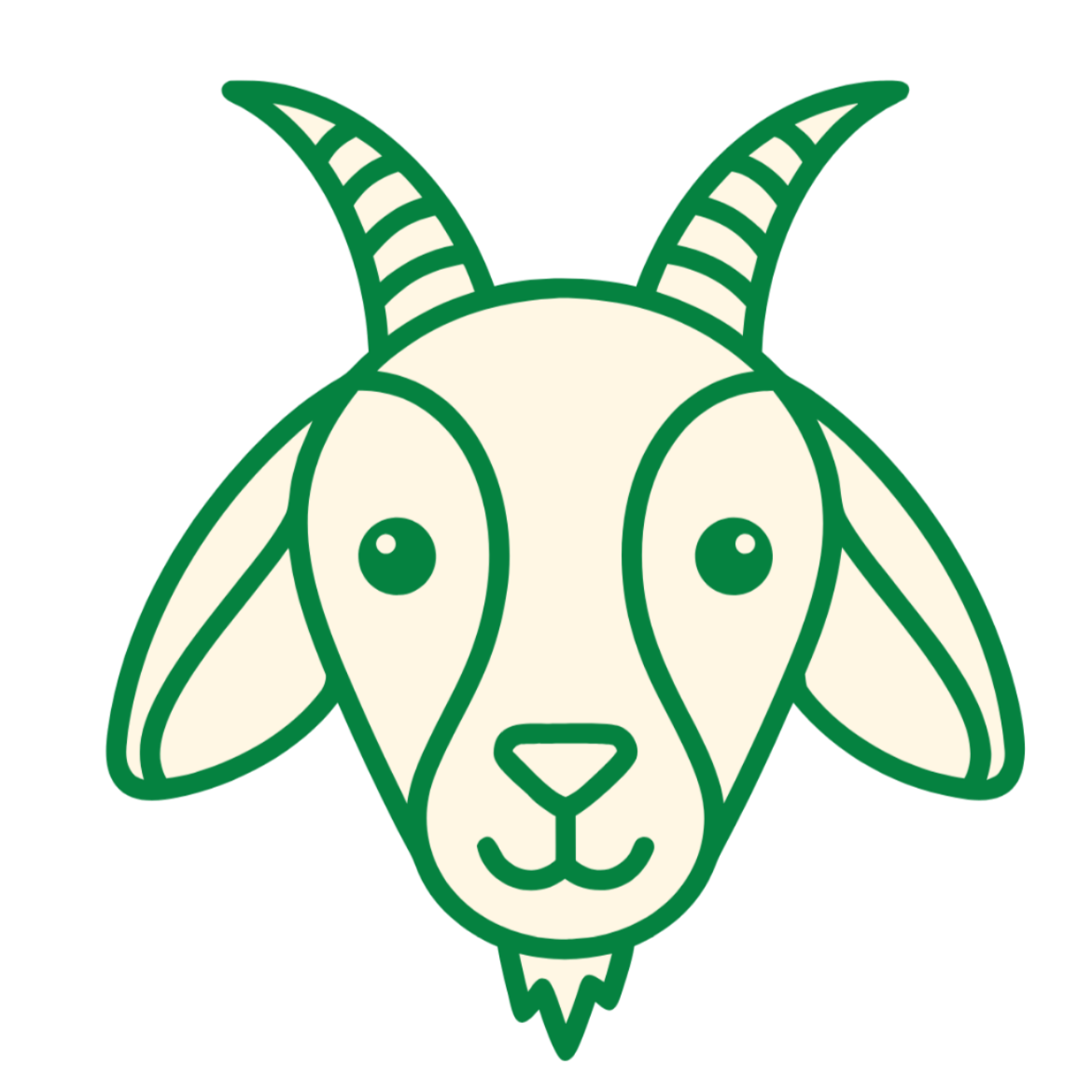 A cartoon-style illustration of a goat's head with green outlines and details.