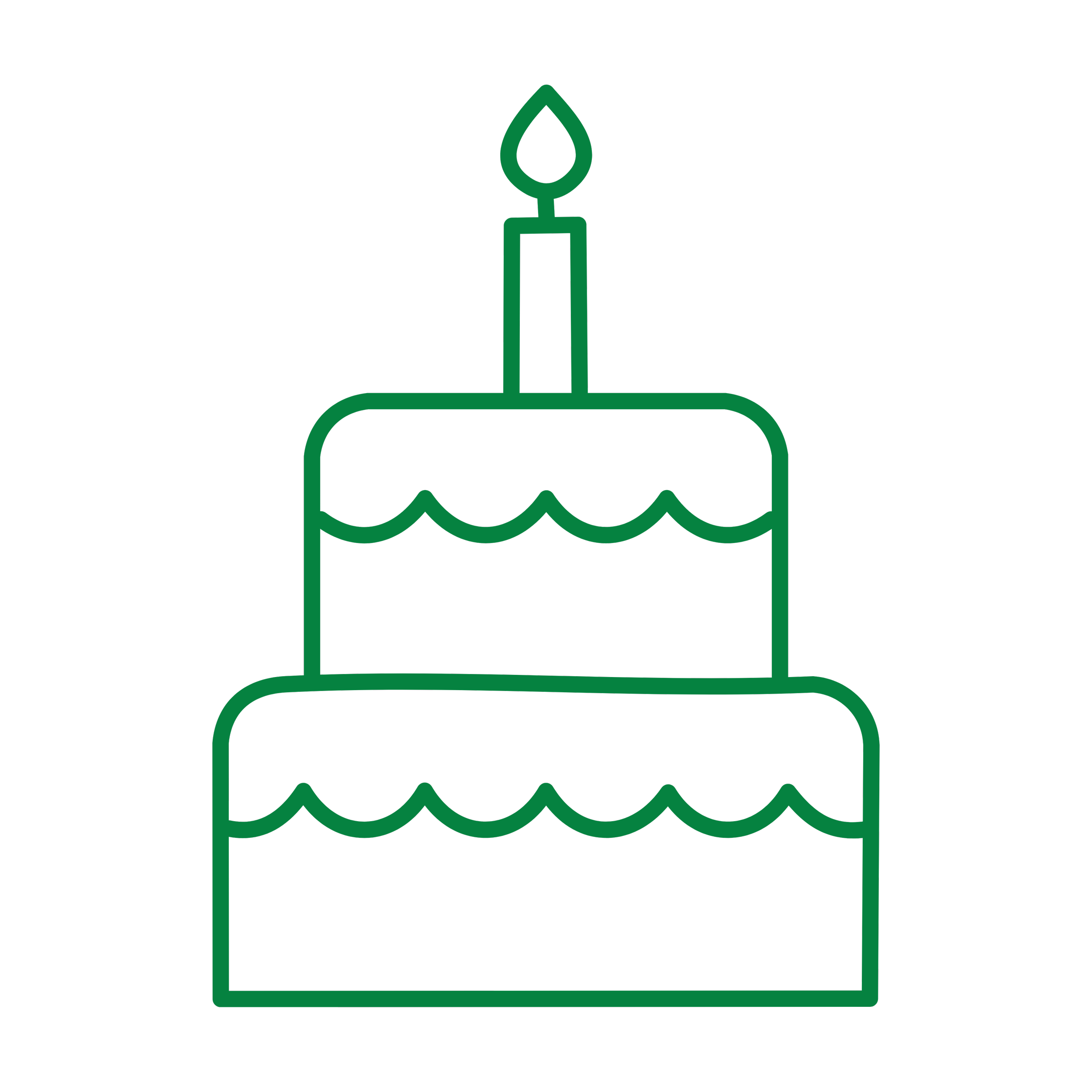 Line art illustration of a three-tiered birthday cake with icing decoration and a single flame candle on top.