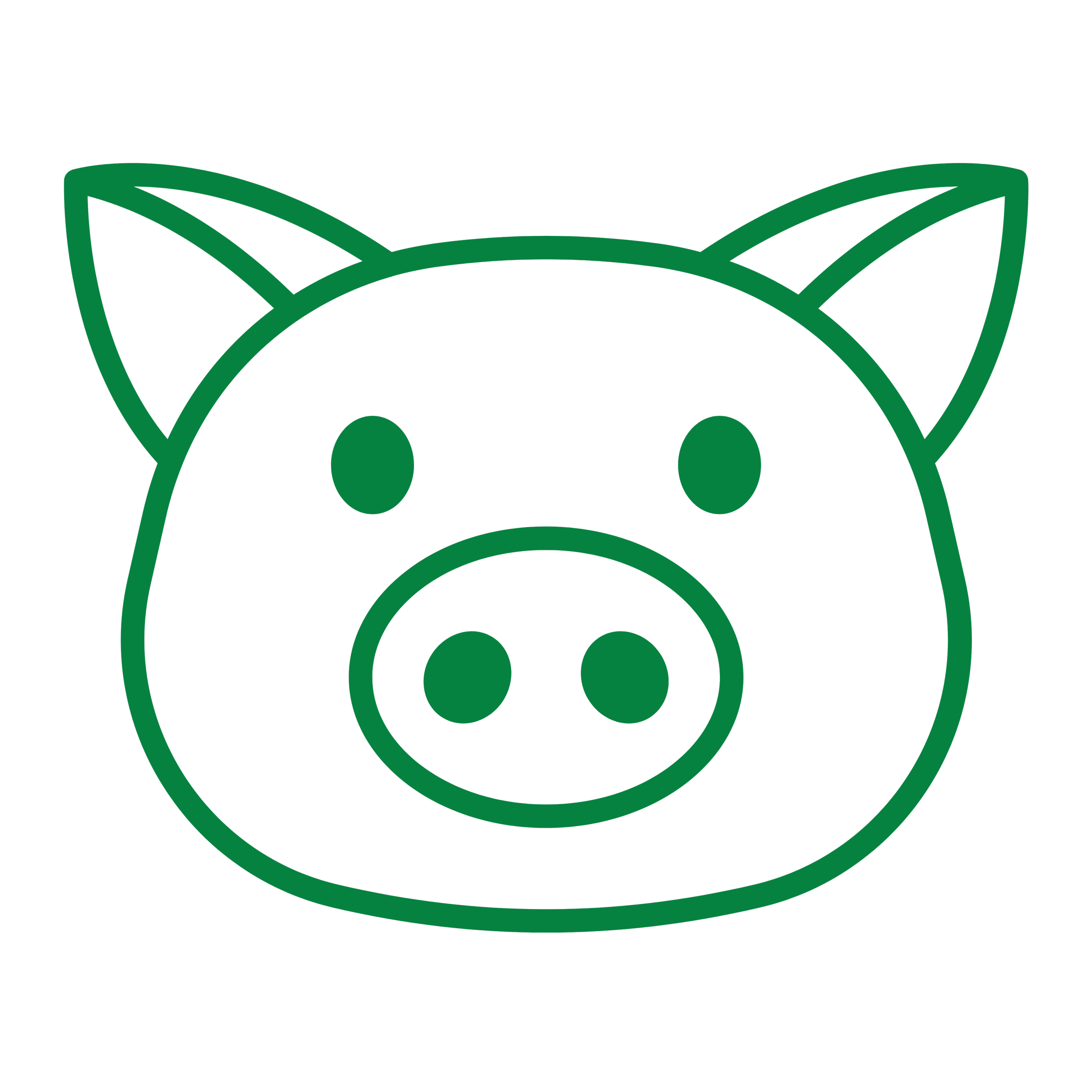 Outline of a pig's face with prominent ears, round eyes, and a large snout with two nostrils, depicted in dark green on a black background.