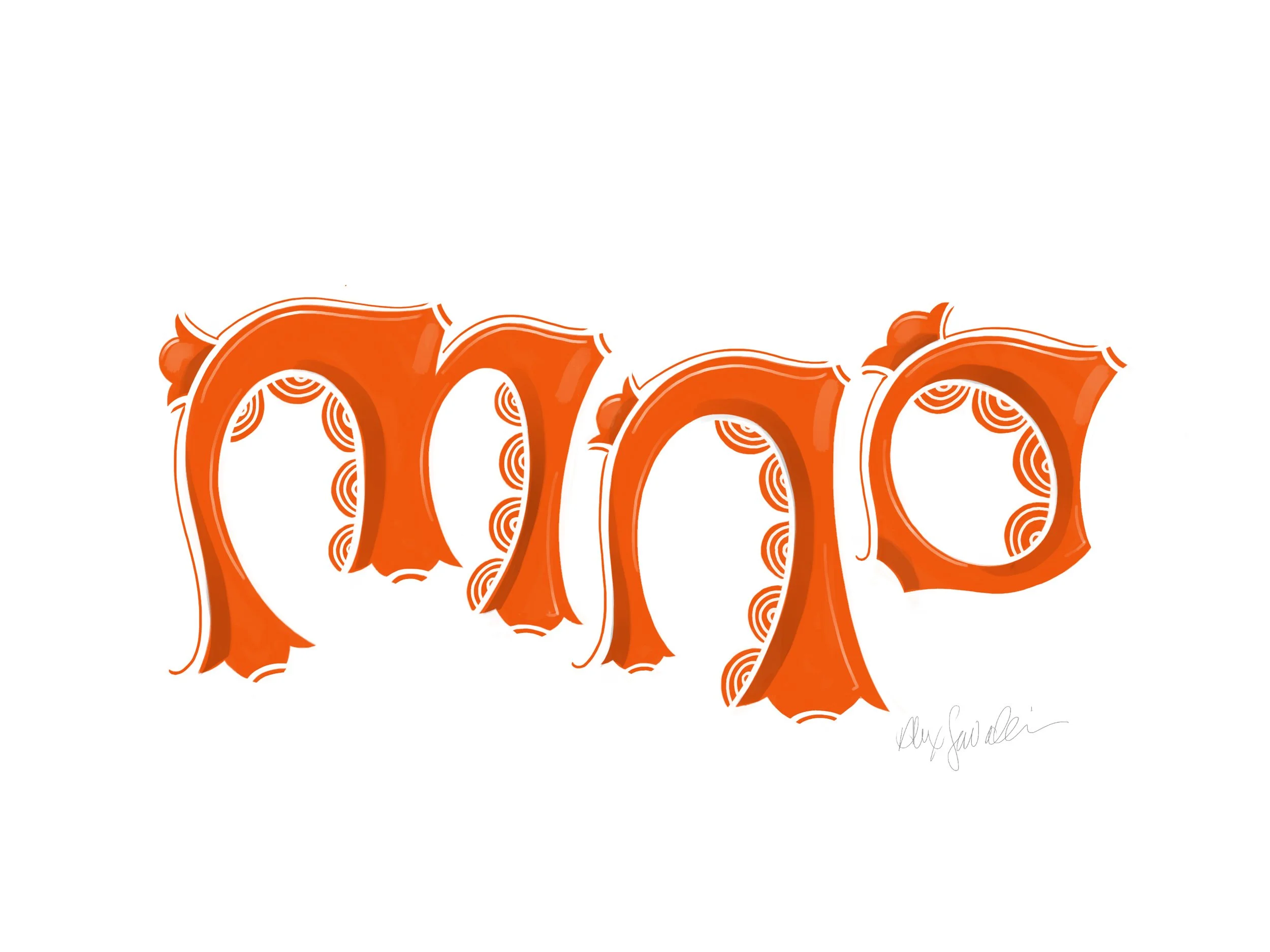 orange typeface m n o sketch