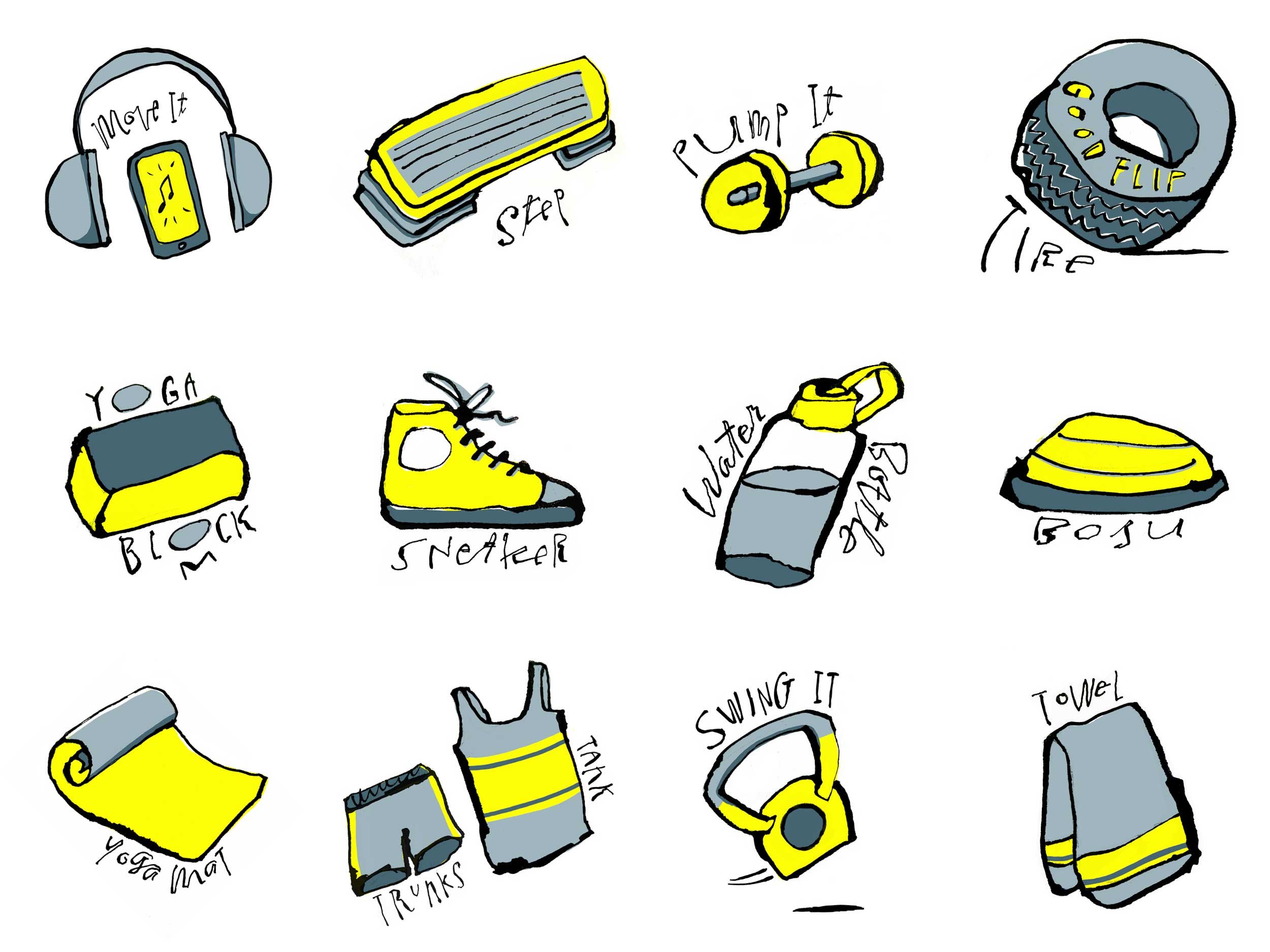 Illustrations of various gym and fitness equipment including headphones, step platform, dumbbell, tire for flipping, yoga block, sneaker, water bottle, Bosu ball, yoga mat, trunks, tank top, kettlebell, and towel.