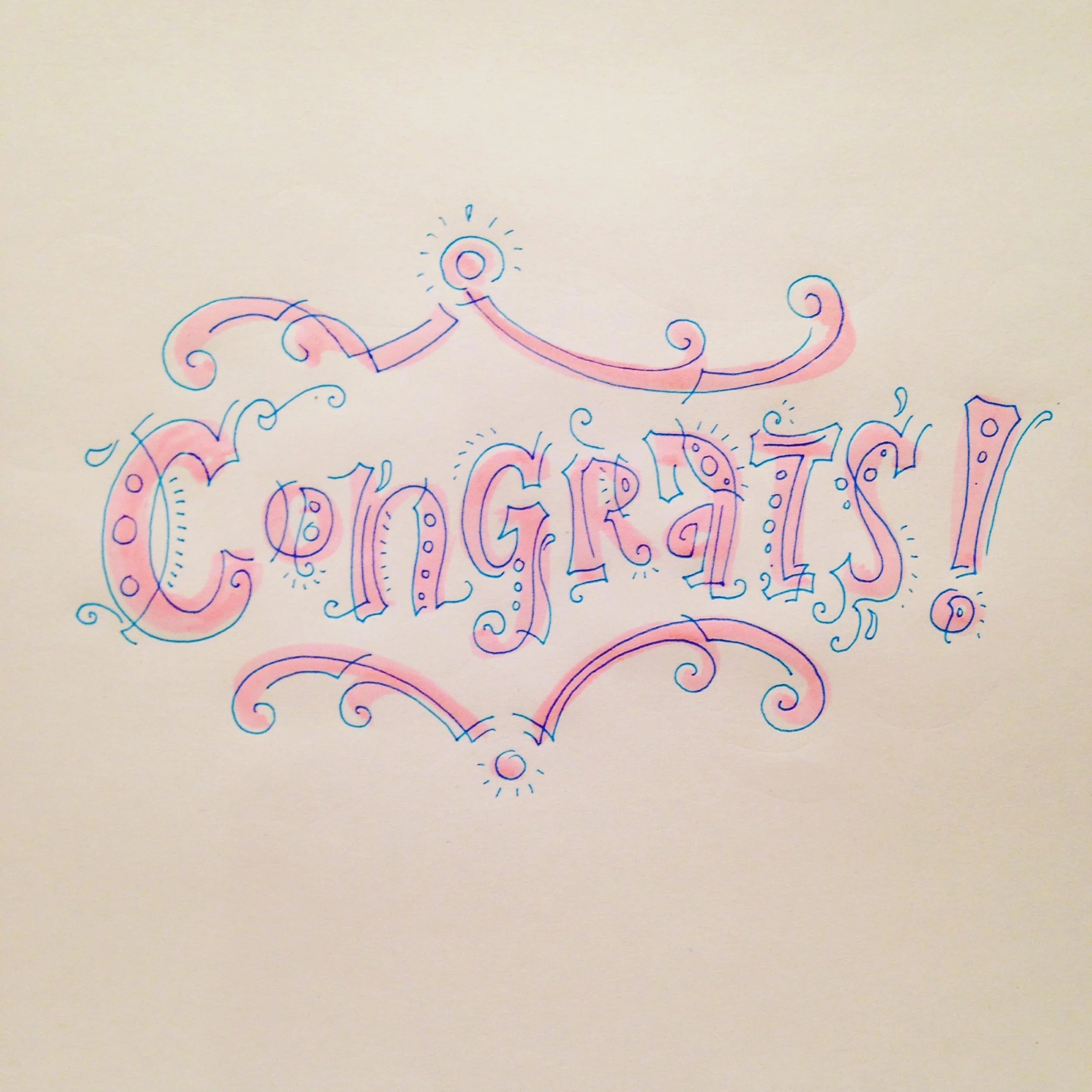Colorful hand-drawn "Congrats!" with pink and blue decorative swirls and accents on a white background.