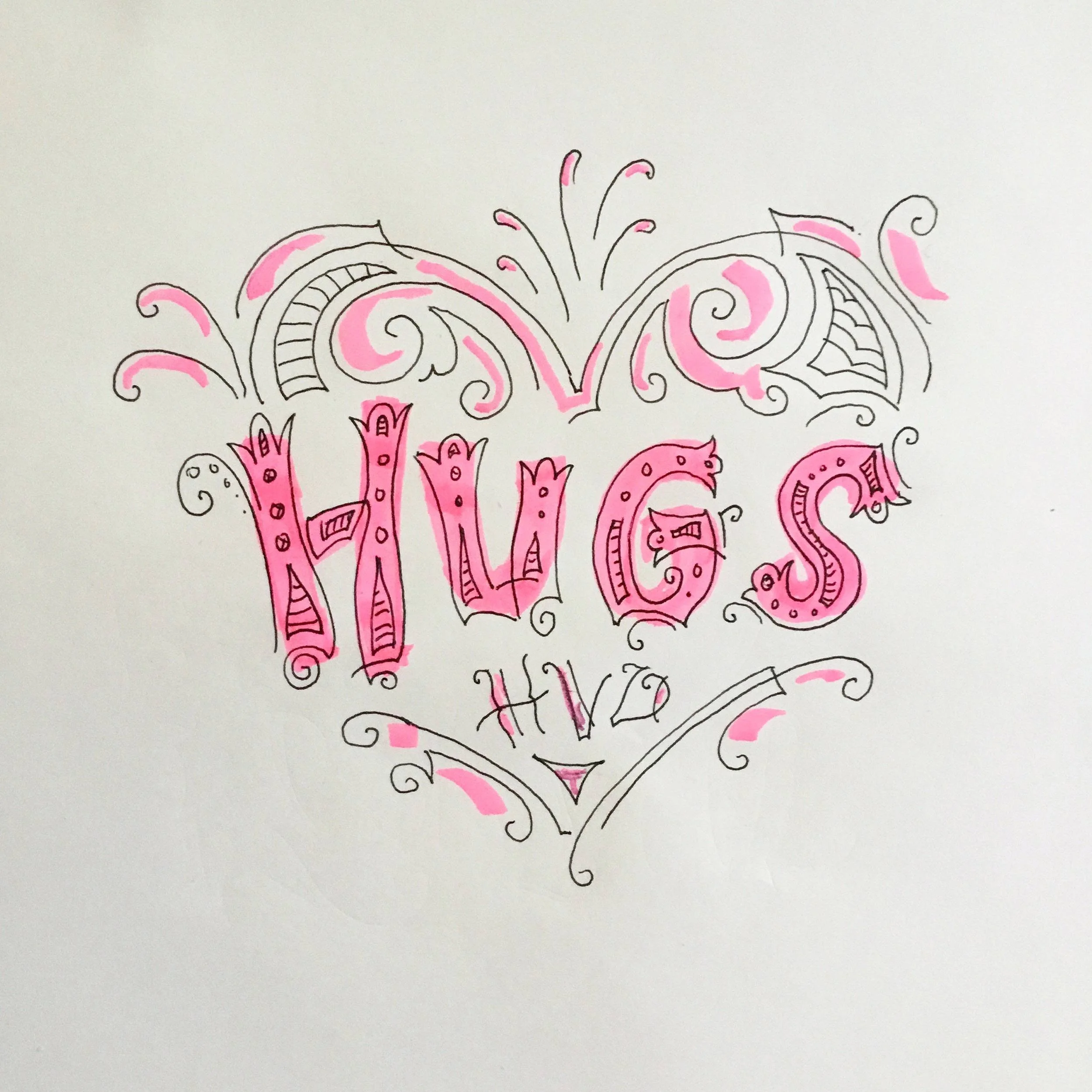 Hand-drawn decorative illustration with the word "Hugs" in pink, surrounded by ornate swirls and accents, all framed by a heart shape.