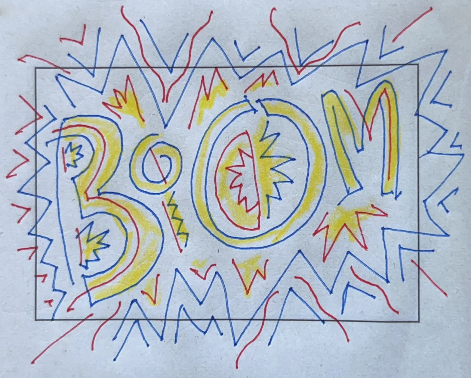 the word 'boom' in yellow and blue with red accents