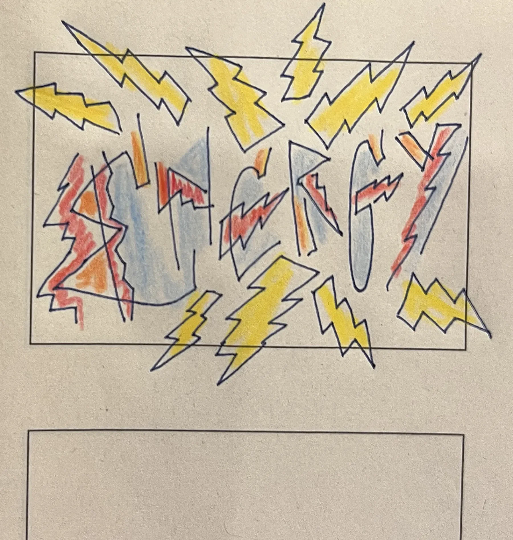 Hand lettered word 'energy' surrounded by lightning bolts