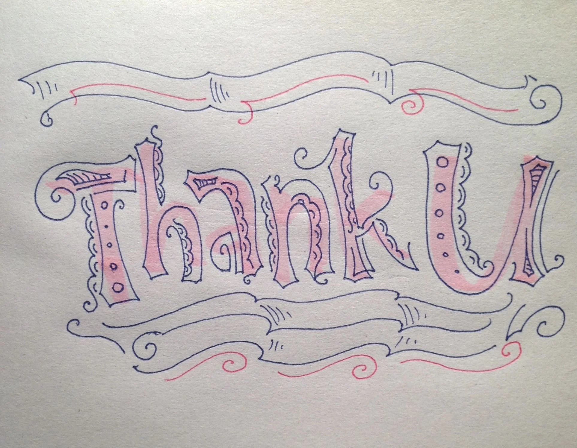 Decorative handwritten text "Thank U" in pink and purple with ornate borders and embellishments on a light background.