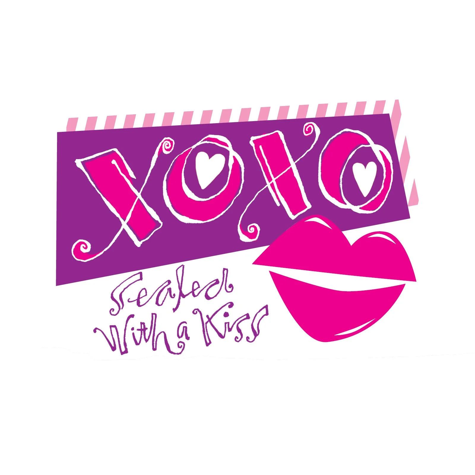 "XOXO Sealed With a Kiss" graphic with pink lips and heart accents on purple background.