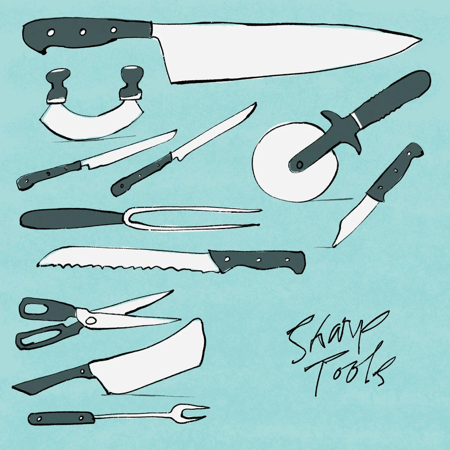 Illustration of various kitchen tools including a chef's knife, mezzaluna, carving fork, pizza cutter, paring knife, bread knife, kitchen scissors, cleaver, and a meat fork on a blue background, labeled 'Sharp Tools.'