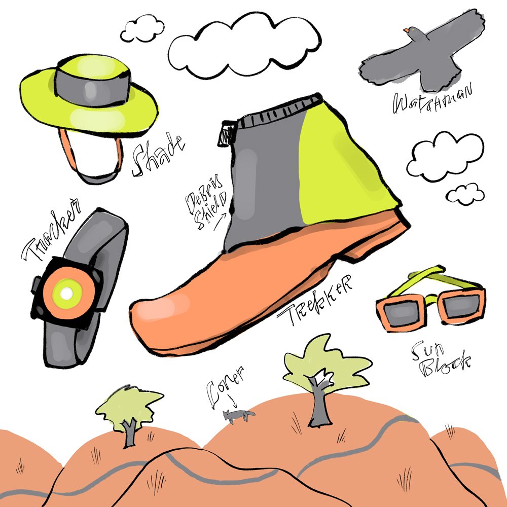 Cartoon illustration of outdoor adventure items including a hat labeled "Shade," a boot labeled "Trekker," sunglasses labeled "Sun Block," a wrist device labeled "Tracker," clouds, a bird labeled "Watchman," and a landscape with hills and trees label