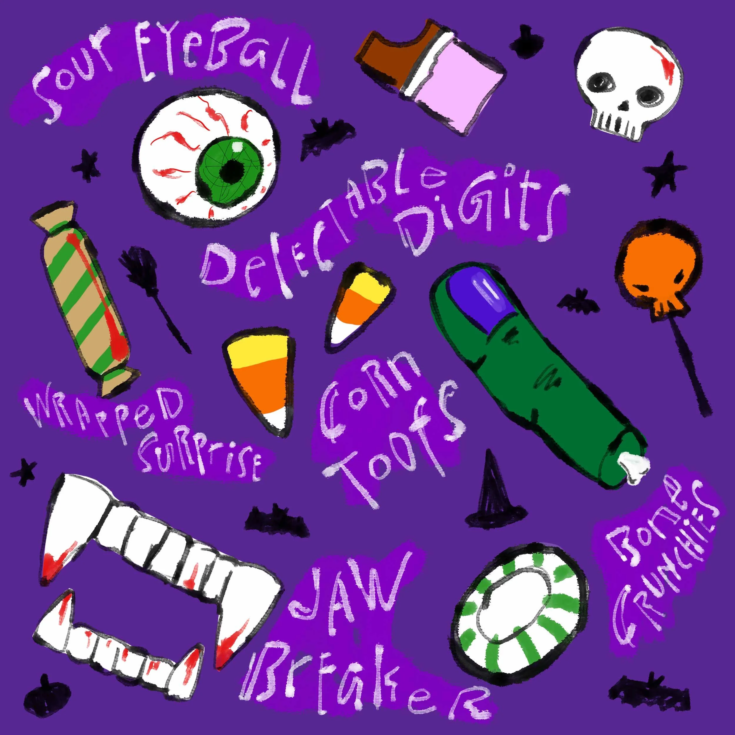 Illustrated Halloween-themed snacks on purple background, including candy corn, a wrapped candy, green gummy finger, jaw-shaped candy, eyeball candy, skull-shaped lollipop, and chocolate bar. Words like "Sour Eyeball," "Delectable Digits," "Corn Toof