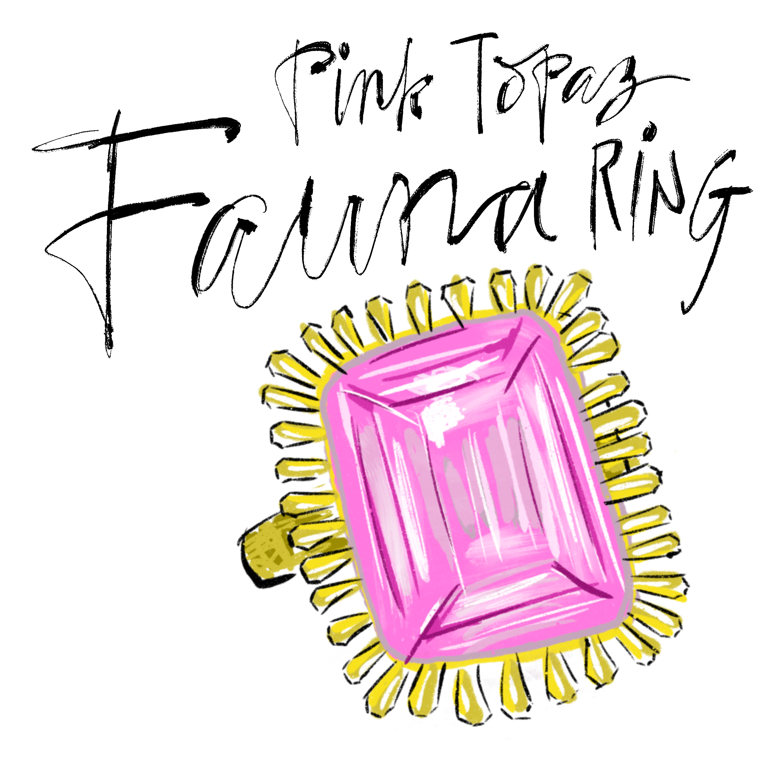 Illustration of a rectangular pink topaz ring with golden accents. Text above reads "Pink Topaz Fauna Ring."