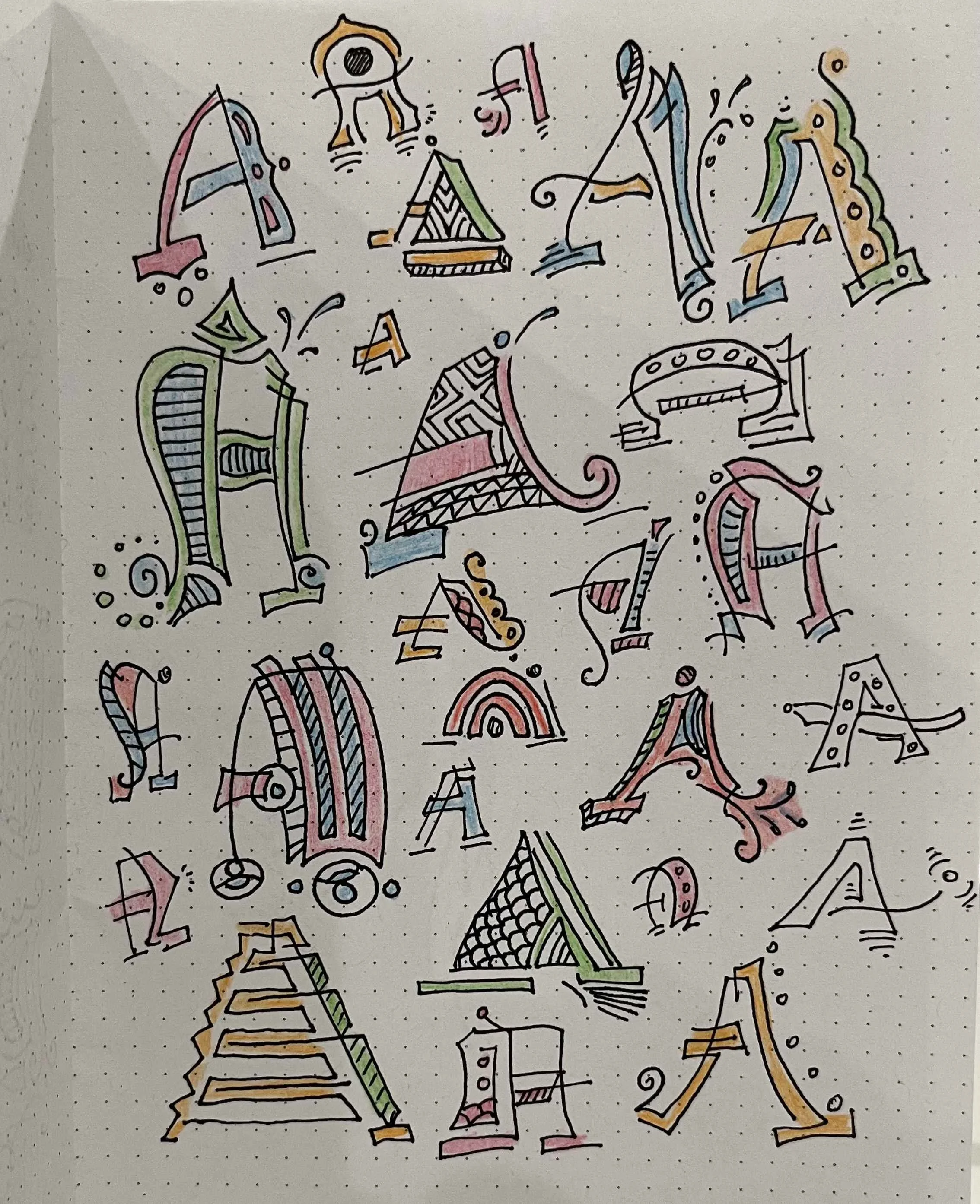 versions of the letter A in multiple colors and styles